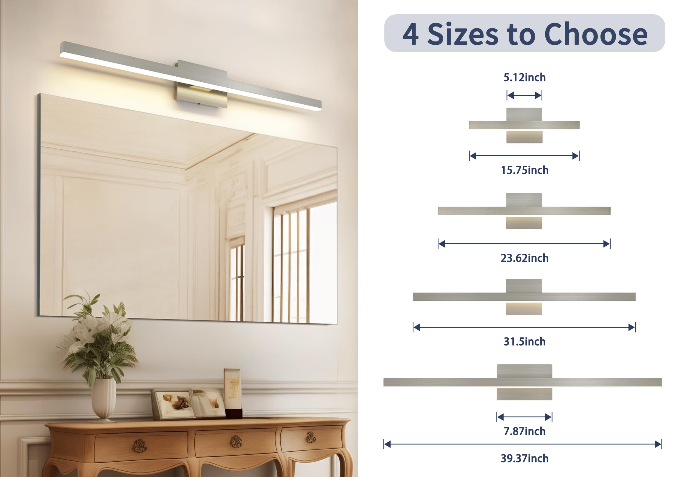 Joossnwell Brushed Nickel LED Vanity Light Bar 39.37" Dimmable 5CCT Acrylic Bath Fixture Model 7560-18W-SN-5CCT