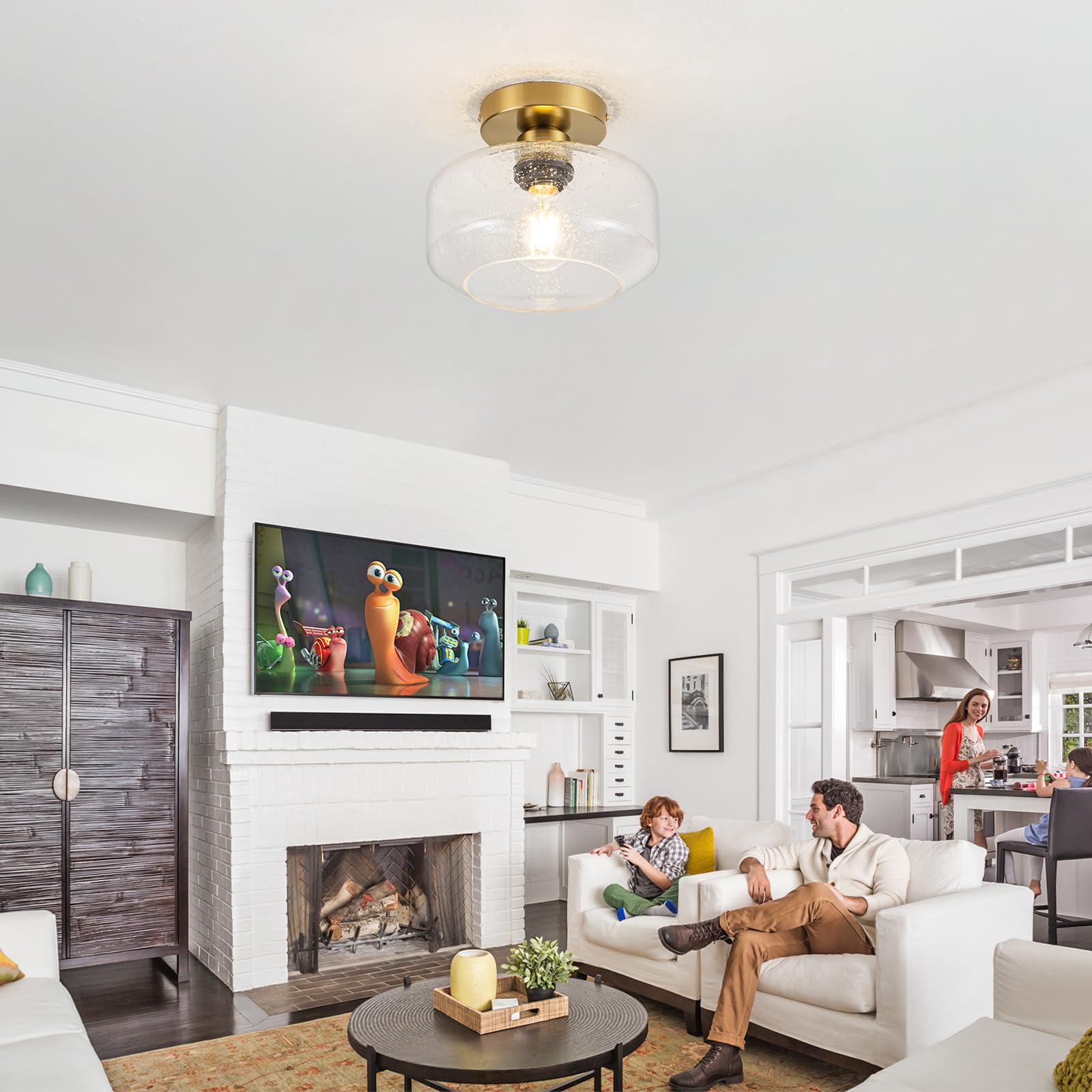 Tbaoinla Simple And Elegant Semi Flush Mount Ceiling Light Seeded Glass Brass And Golden Metal Base Includes 900 Lumen Led Light