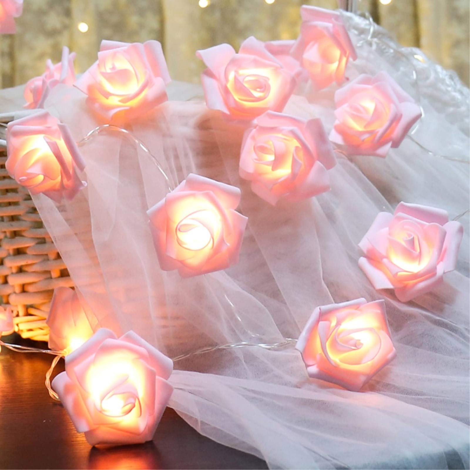 Fantasee LED Pink Rose Flower String Lights, 6.6ft 20LED, Battery Operated, Warm Lights for Wedding, Party, Indoor/Outdoor Decor