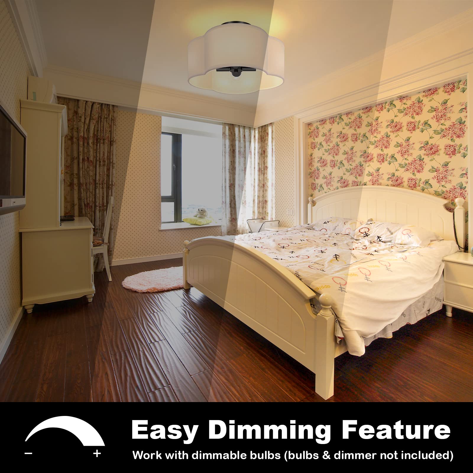 4-Light Semi Flush Mount Ceiling Light Fixture, Black Modern Close To Ceiling Lamp With White Fabric Shade, Farmhouse Bright Lig