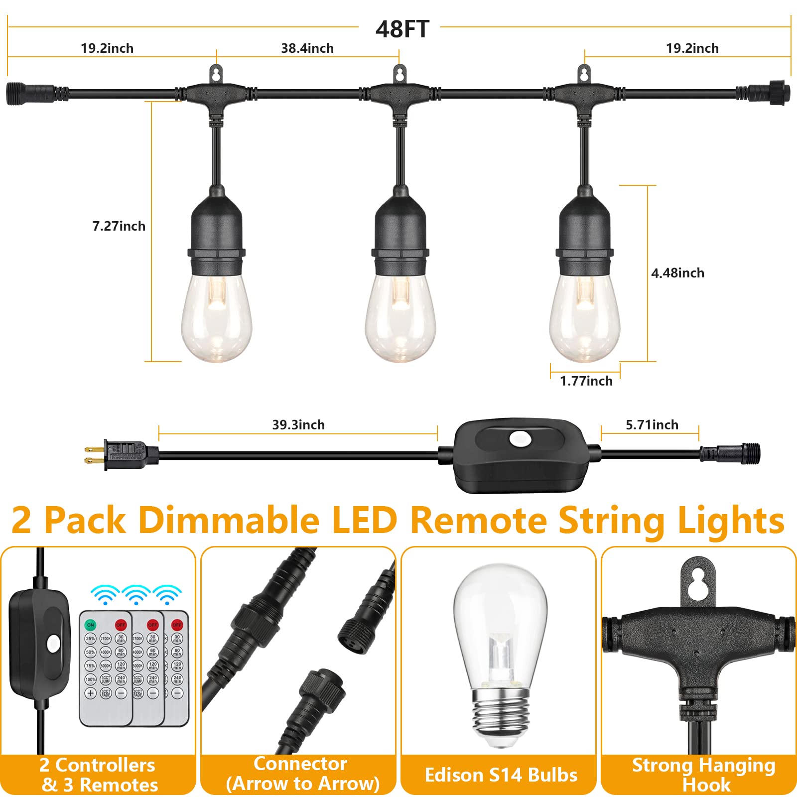 Mlambert 96Ft(2X48Ft) 3-Color In 1 48Ft Led Dimmable Outdoor String Lights With Remote, Plug-In 2700K/4000K/5000K Waterproof Lig