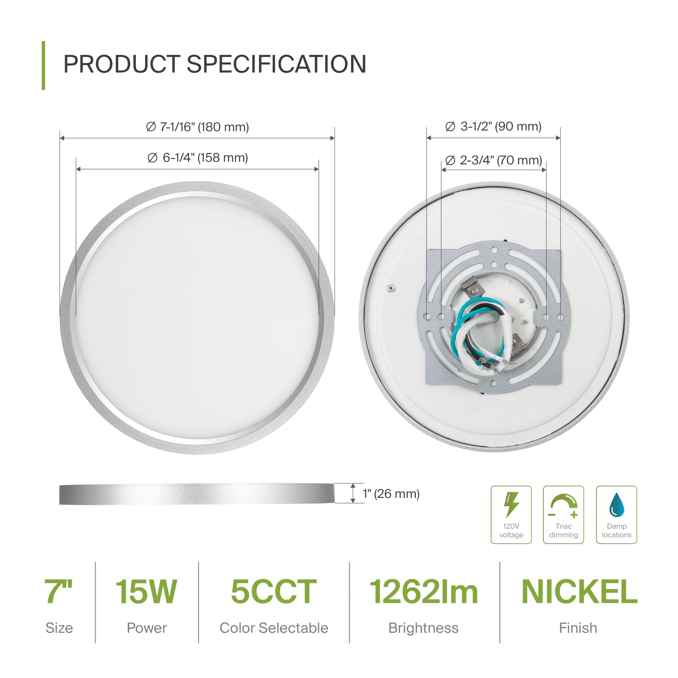 ASD LED Ceiling Light Fixture | 15W 1260LM | 2700-6000K | 7in Round | Nickel | 6 Pack | Dimmable, ETL Listed