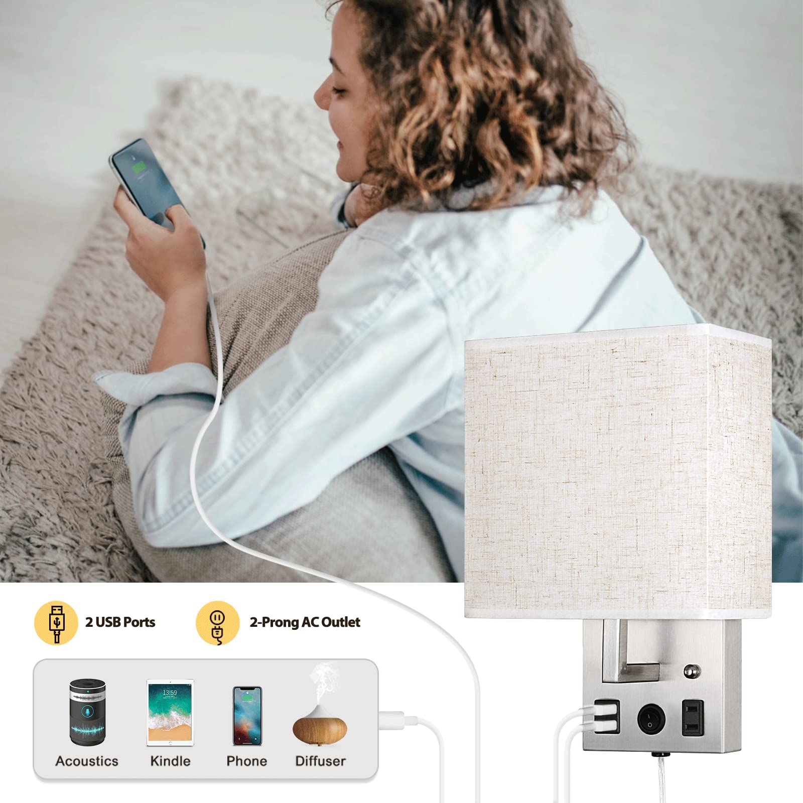Caduke Wall Lamp Set Of 2, Plug-In With Usb Ports, Brushed Nickel, E26 Led Bulb Included, Modern Sconces For Bedroom & Living Room