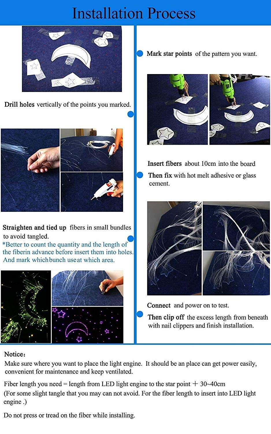 AZIMOM Bluetooth Fiber Optic Star Ceiling Lights 16W RGBW, 450pcs, 0.03in, 9.8ft, Multicolor, Model 16WS