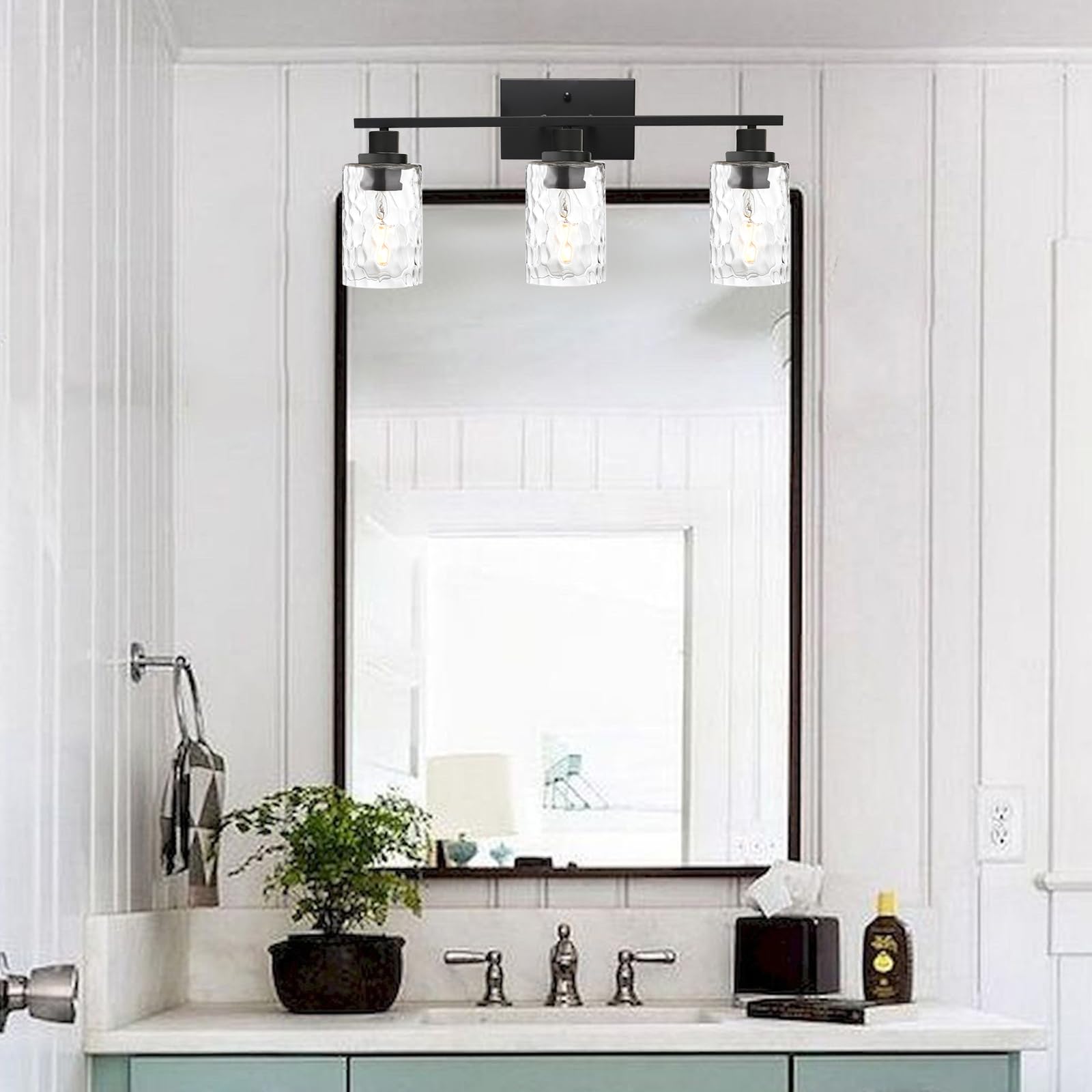 MELUCEE 3-Light Bathroom Vanity Light Fixture, Black Finish, Hammered Glass, Model 450-6W-SN