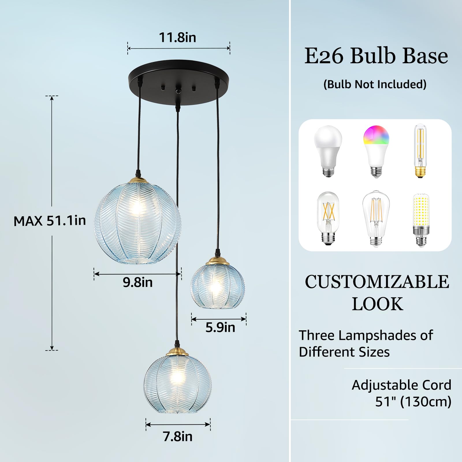 Testoys 3-Light Blue Glass Pendant Light, Globe Shade Hanging Chandelier, Hand Blown Glass Ball Pendant Light Fixtures For Kitch