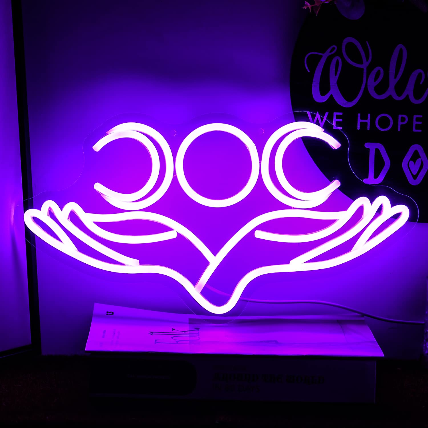 Alkkign Hand to Moon Neon Signs Hand Supported Month Neon Sign Dimmable Purple Neon Signs for Wall Decor 16.5   x8.6    with USB