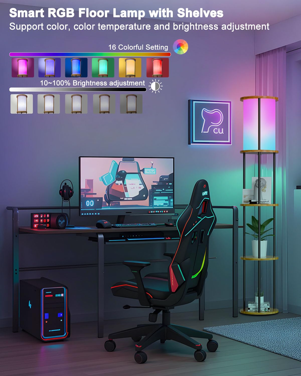 Lightdot 61 RGB Floor Lamp with Shelves, 3-Tier Storage Smart Remote Control Standing Lamp with Fabric Lampshade, E26 Bulb Inclu