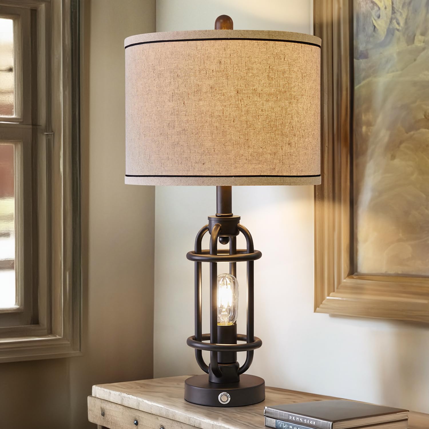 G-Safava 23.75'' Industrial Black Metal Table Lamp With Usb Ports For Living Room Decor