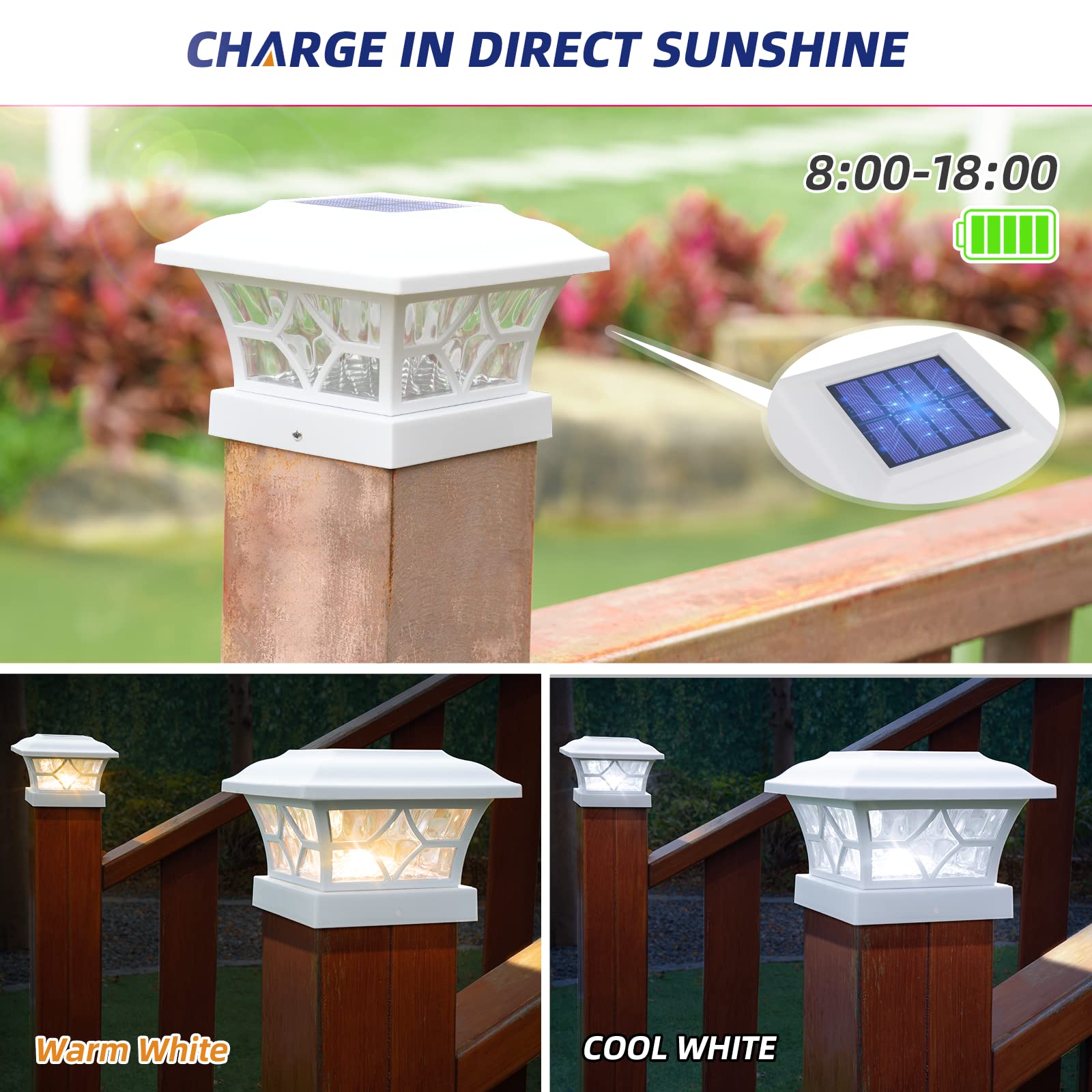 APONUO Solar Fence Post Caps Lights, 4x4 & 5x5 Vinyl, Waterproof, 2 Modes, White, 8 Pack, Model M002-W8