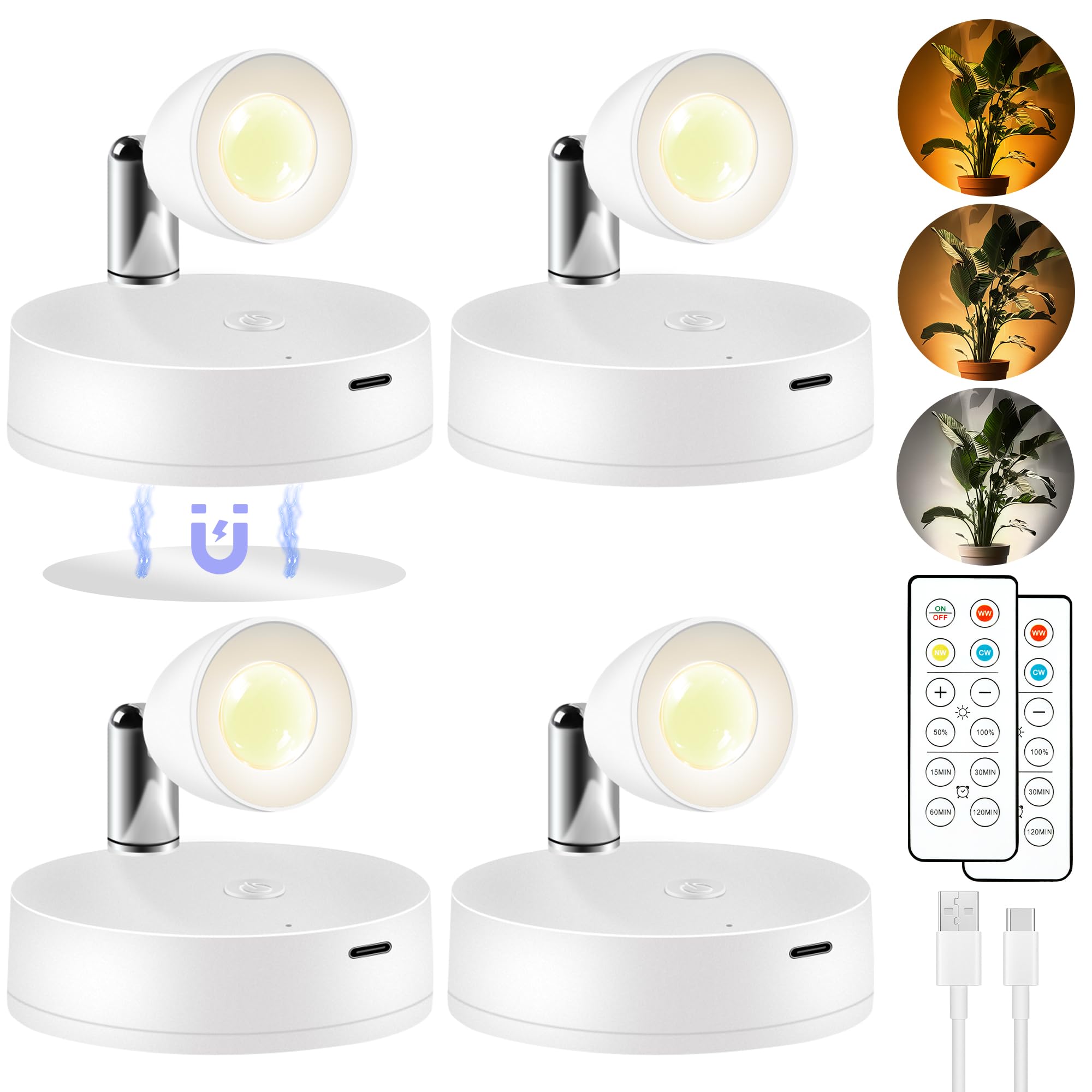 4 Pack Rechargeable Spot Lights Indoor, Battery Operated Plant Light, Wireless Tree Uplighting Lights, Mini Picture Accent Light