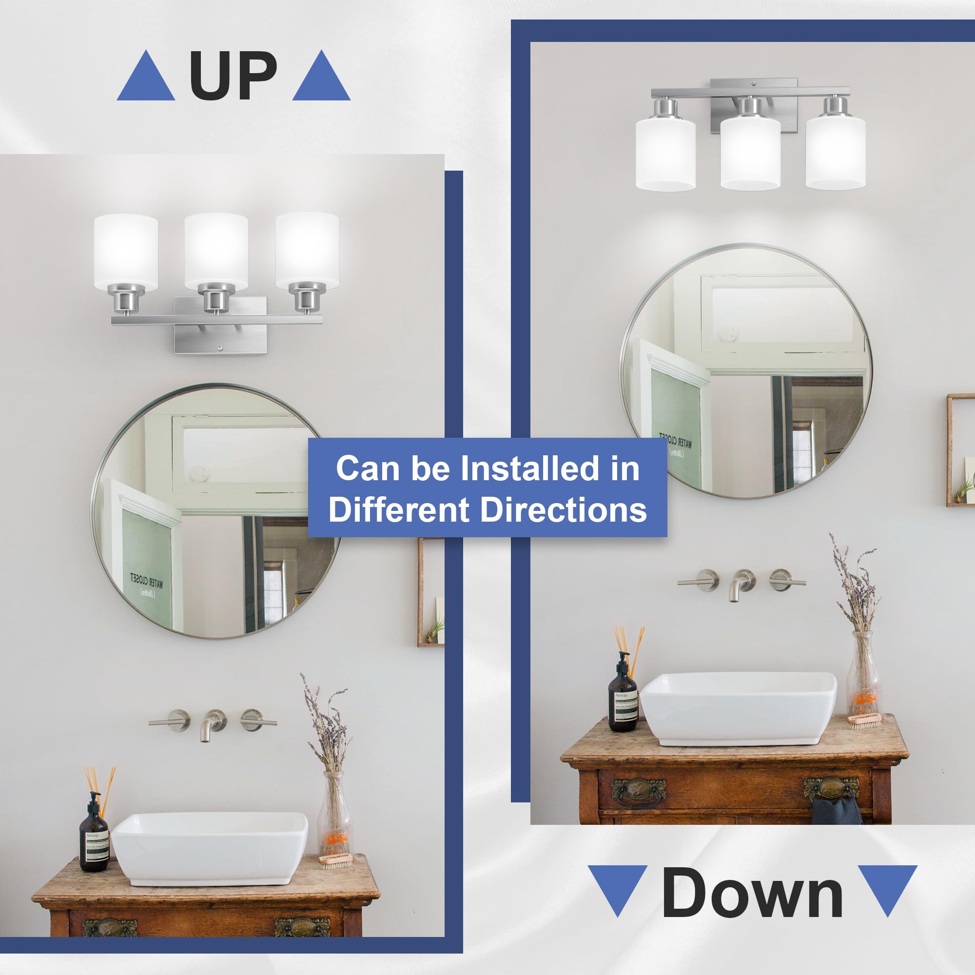 Dekang 3-Light Bathroom Vanity Light, Brushed Nickel Over Mirror Sconce With White Glass Shades