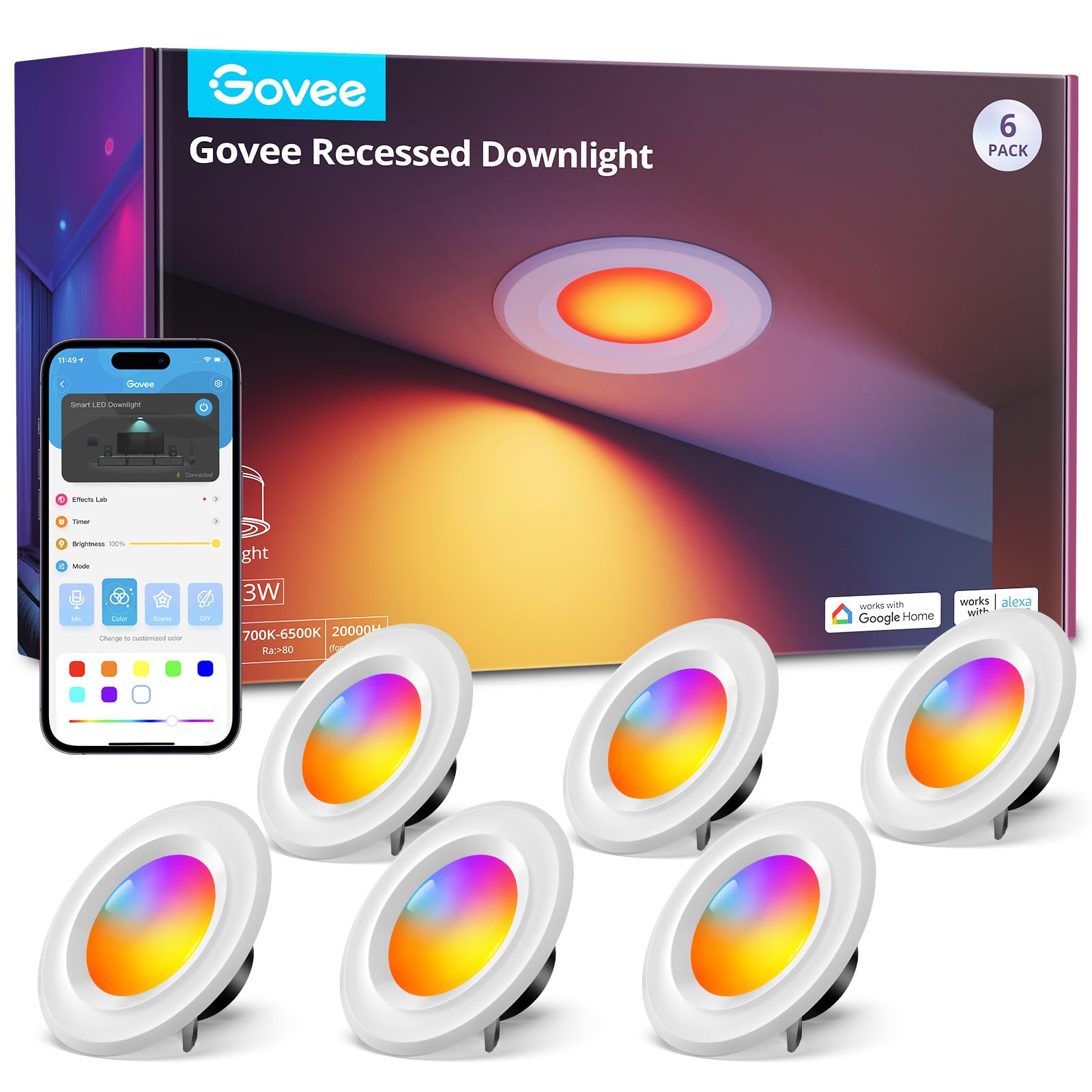 Govee Smart Retrofit Recessed Lighting 6 Inch, Wi-Fi Bluetooth Direct Connect Rgbww Retrofit Can Lights, 65 Scene Modes, Works With Alexa & Google Assistant, 1000 Lumens, 6 Pack