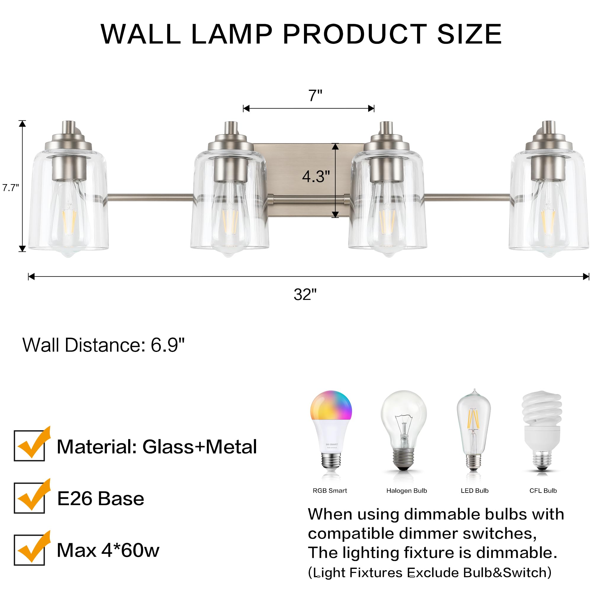 Solfart Brushed Nickel Bathroom Light Fixtures Over Mirror 4 Lights Nickel Vanity Lights For Bathroom Wall Scone Lights For Bath