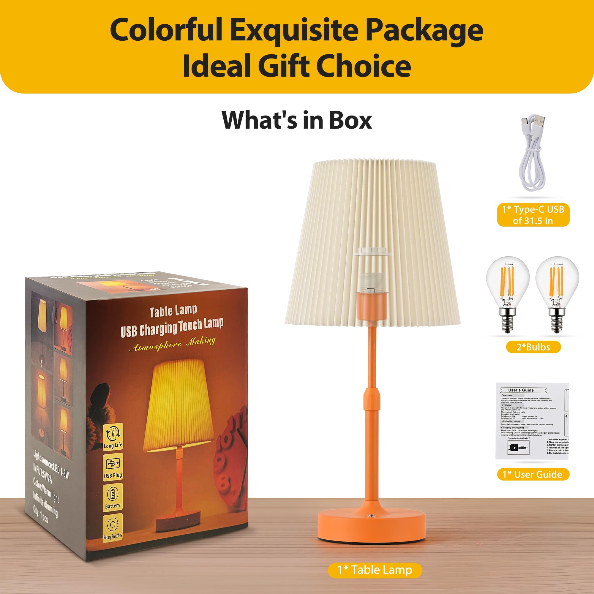 HISEEGO Cordless Table Lamp, 2700K Dimmable, 16.5in Pleated Lampshade, Metal, Rechargeable, Orange, Model LP-N8-OR