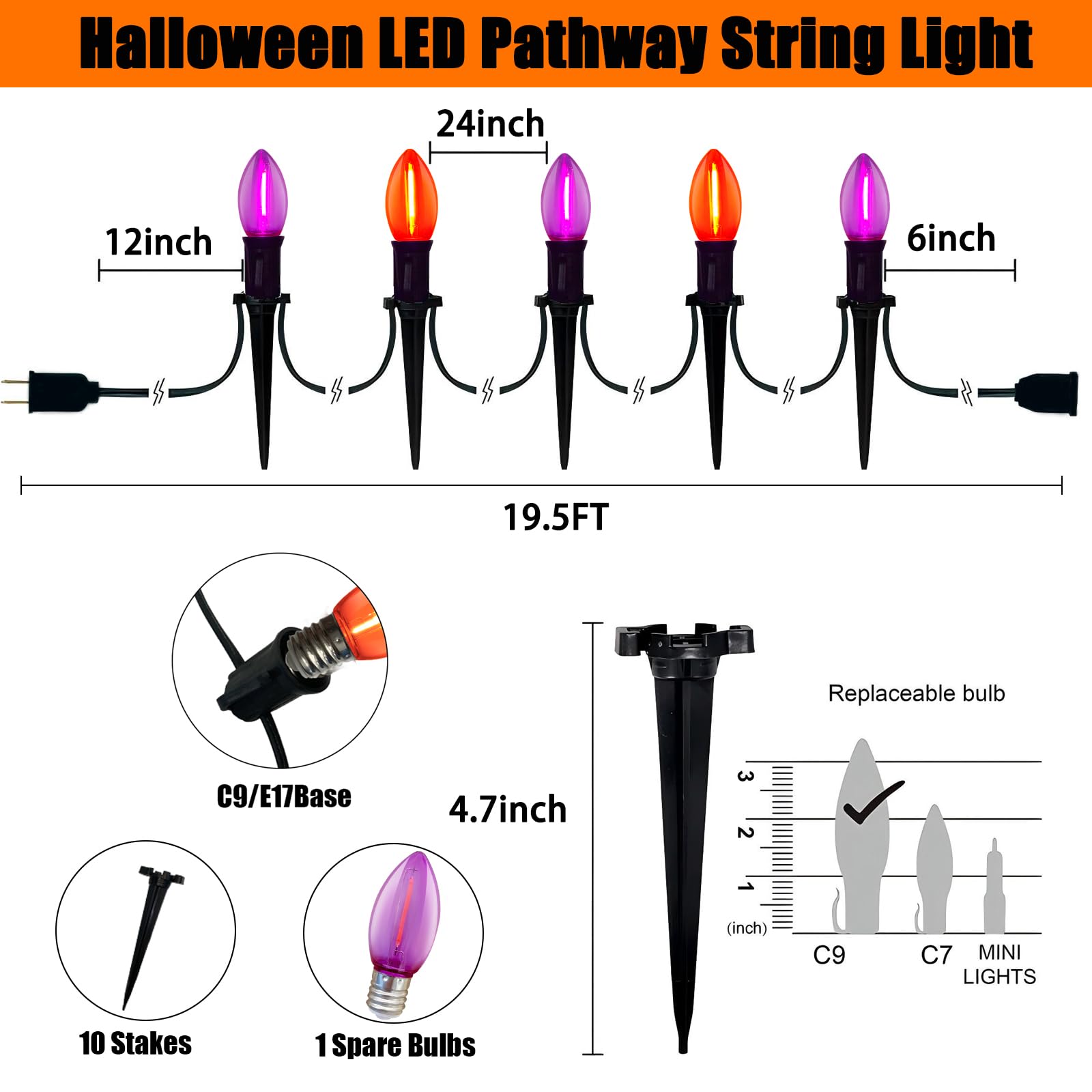 19.5Ft Led Halloween Pathway Lights Outdoor With 10 C9 Led Orange Purple Lights, Outdoor Halloween Decoration Pathway Marker Sta