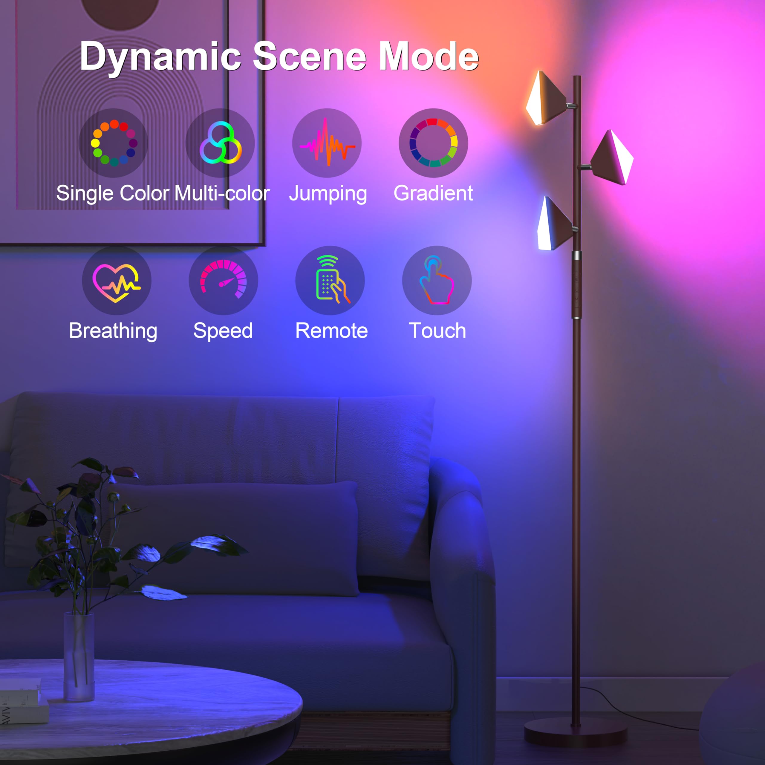 RGB Tree Floor Lamp for Living Room, Stepless Dimmable Tall Standing Lamp with Remote, Touch Control and 3 Rotatable Light, Brig