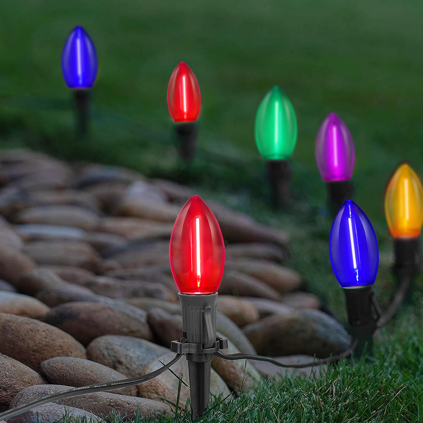 GOOTHY C9 LED Christmas Pathway Lights 38FT 25 Multicolor Bulbs Connectable Outdoor Decor