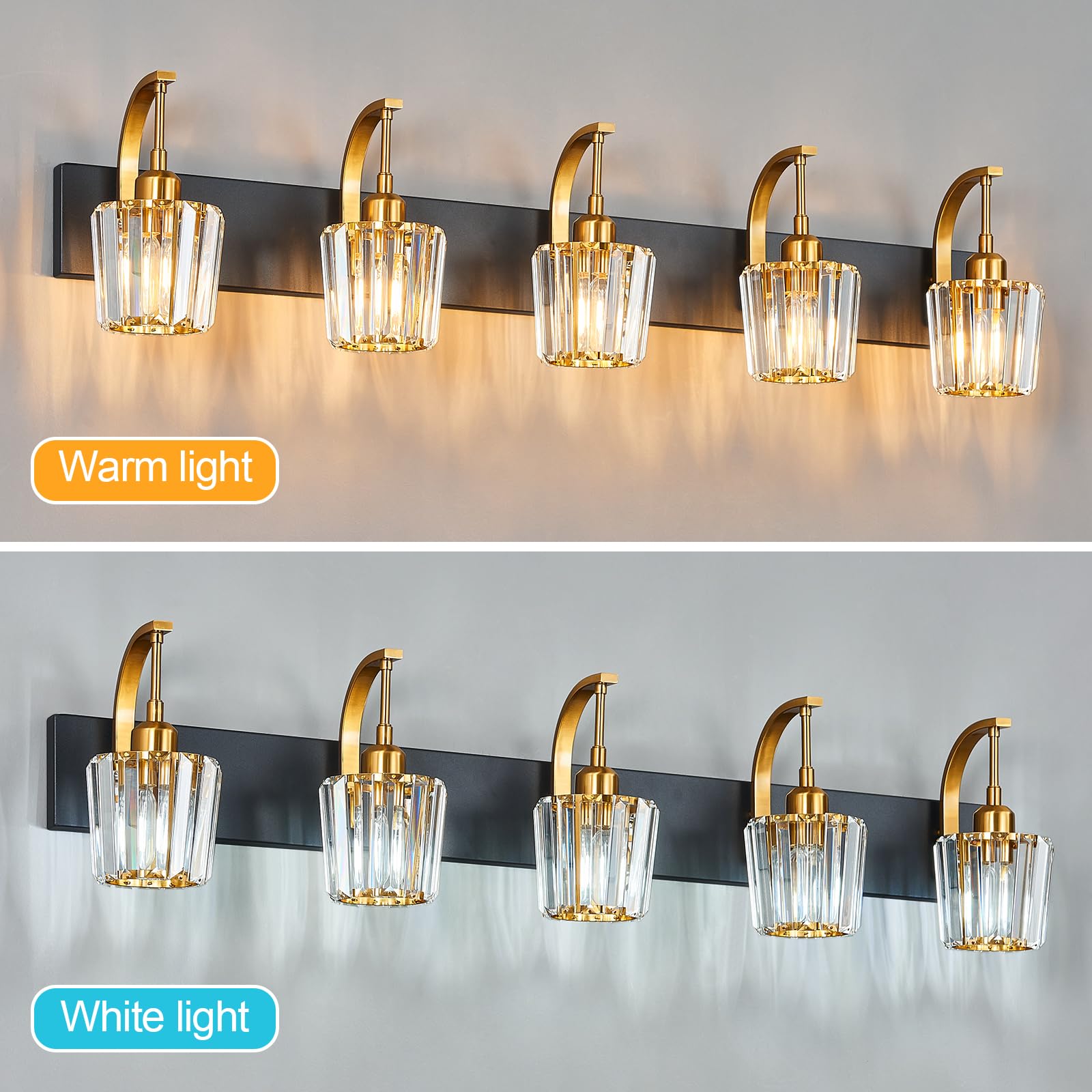 Fdpby Modern Bathroom Vanity Light  5-Light Black Gold Wall Sconce With Crystal Accents  Over Mirror Bathroom Lighting Fixture  42.52 Long Dimmable Vanity Lamp For Makeup  Easy Installation