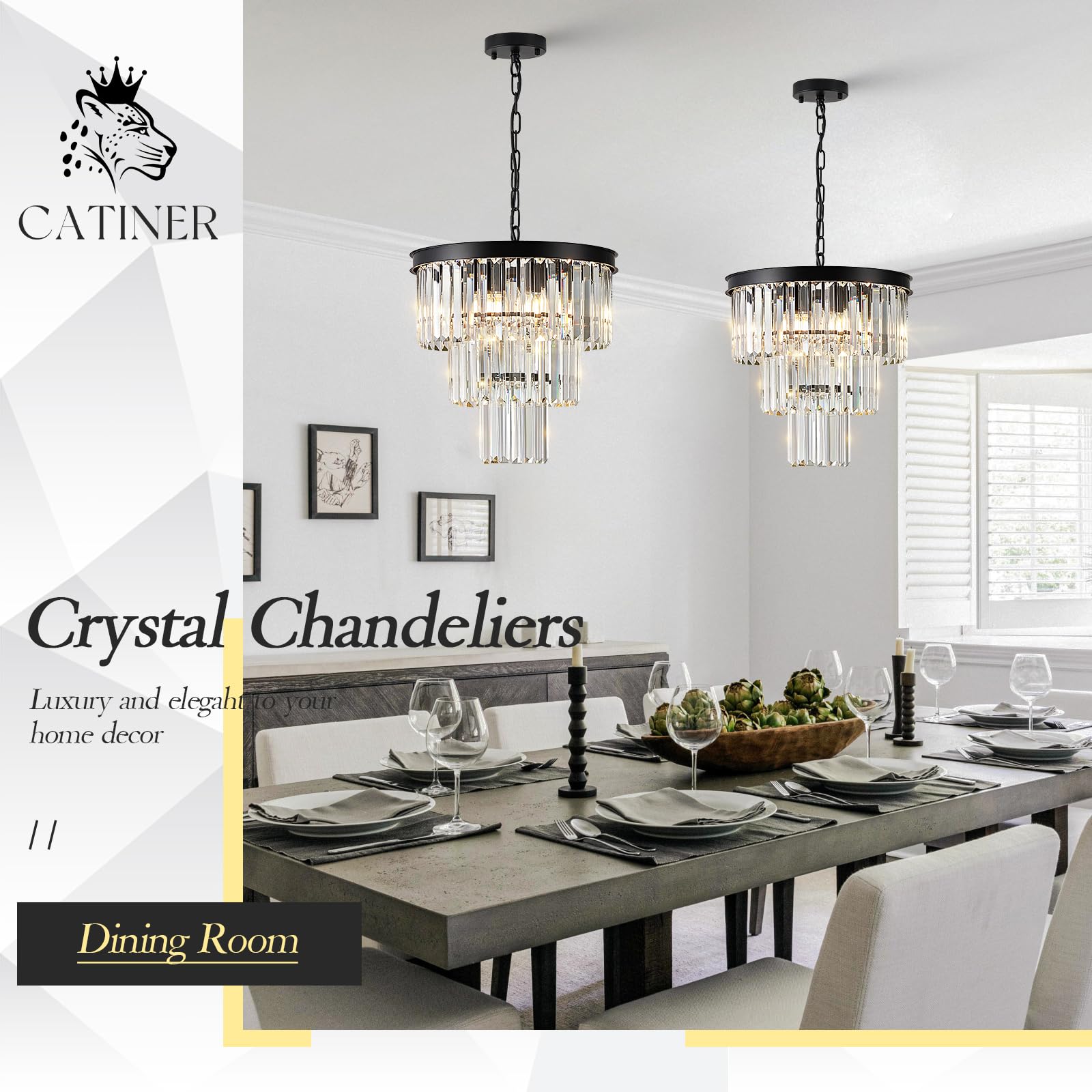 CATINER Modern Crystal Chandelier, 16" Small Black Pendant Light, 3-Tier K9 Crystal, 6-Light Fixture for Dining Room, Entryway, Kitchen