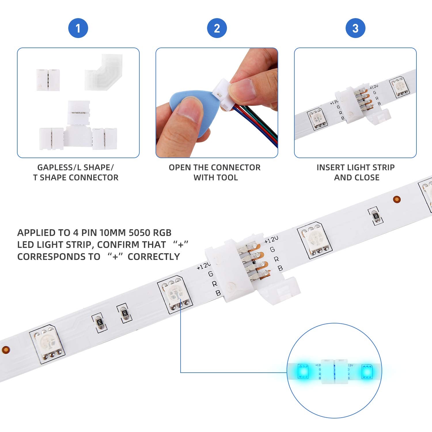 Maoxwy Led Strip Light Connector Kit, Led Strip Accessories Set For 5050 4 Pin 10Mm Rgb Led Light Strips With Connectors Clips And Tools
