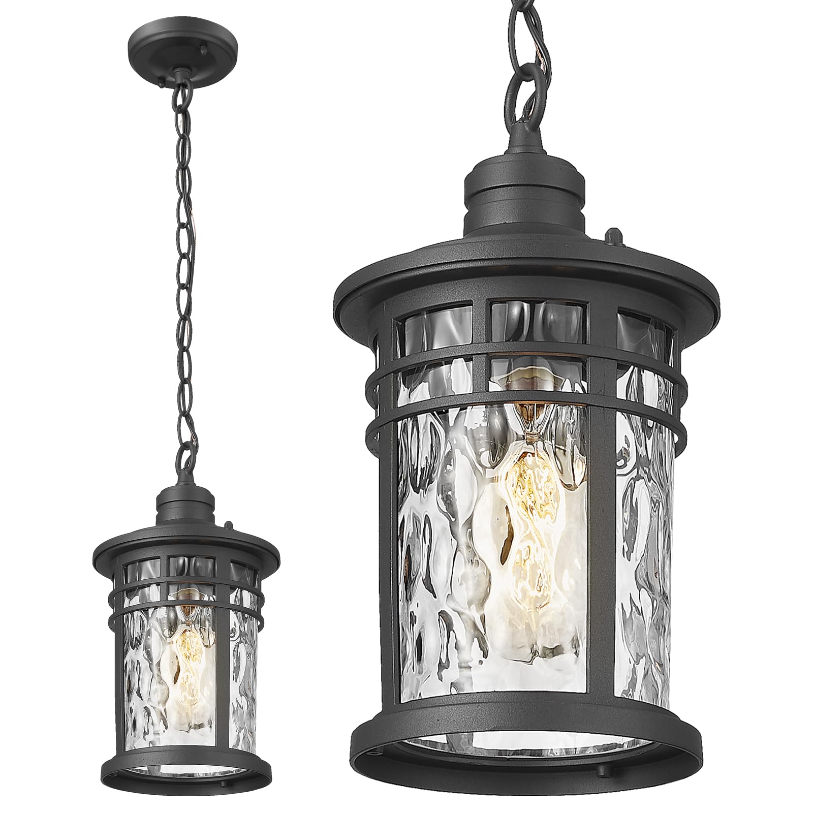 Darkaway Outdoor Pendant Lights For Porch, Outdoor Chandelier Hanging Porch Lights Outside Ceiling Mount Aluminum With Water Ripple Glass For Front Porch Gazebo Patio