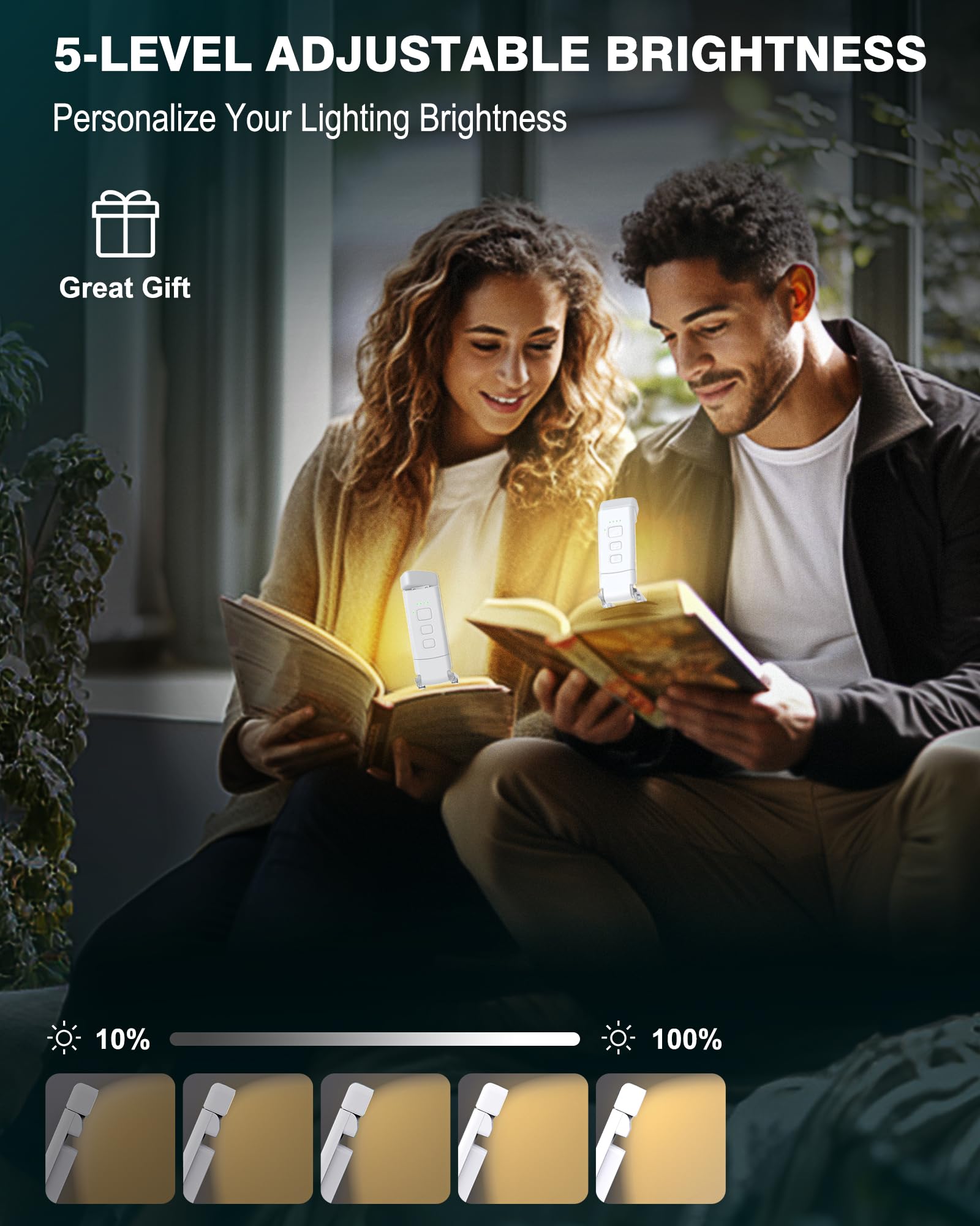 2-Pack Reading Light With 6 Bookmark, Portable Book Light For Reading In Bed, 3 Colors & 5 Brightness Dimmable Eye Care, Recharg