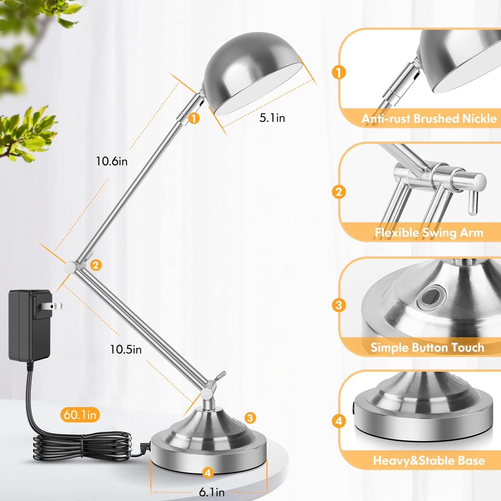TOBUSA Silver Dimmable Desk Lamp with USB Port, Touch Control, 3 Color Modes, Adjustable Swing Arm, Model T0345-ST