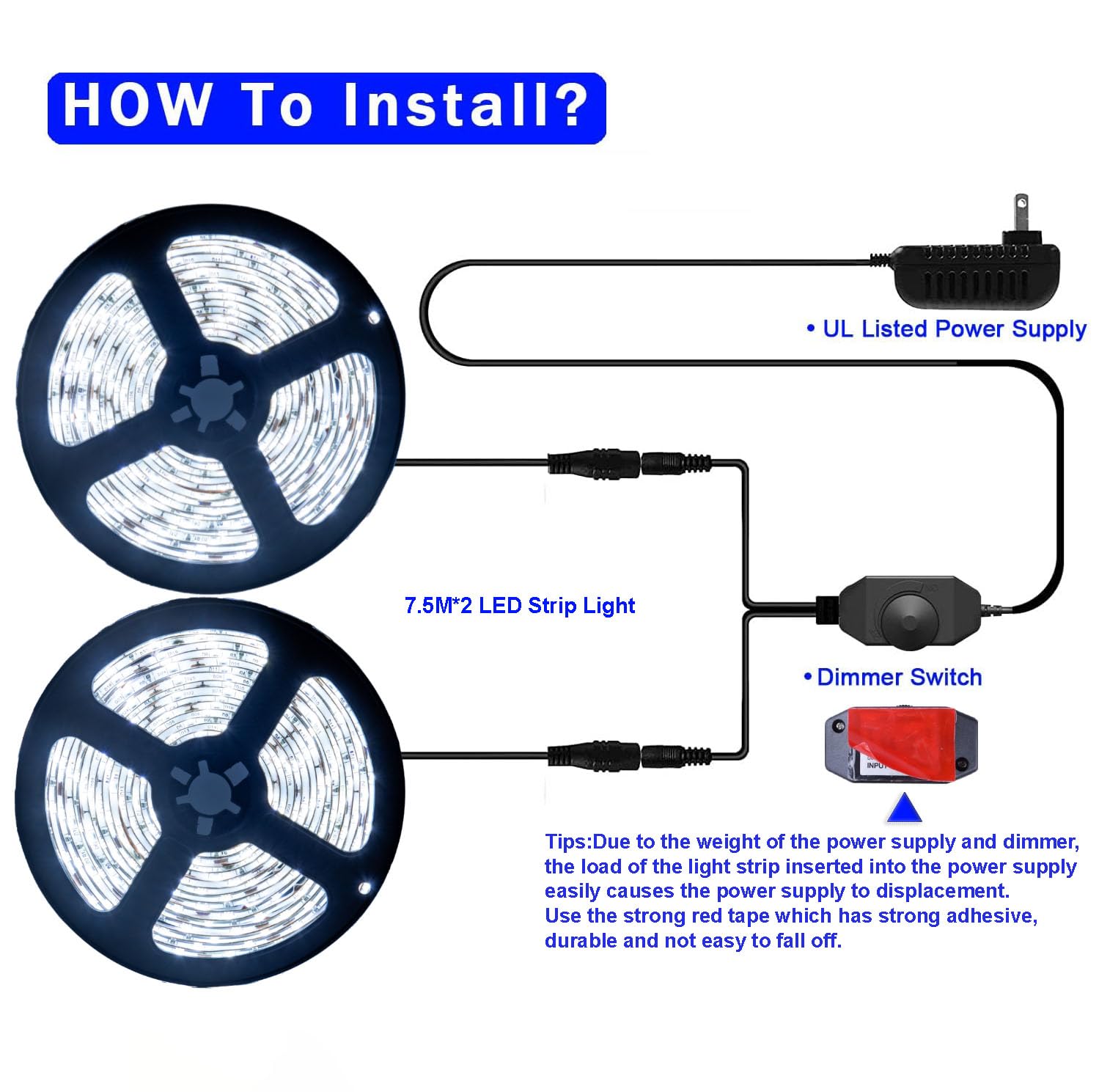 JUNWEN 50ft LED Strip Lights, Waterproof Dimmable SMD2835, Daylight White, Indoor/Outdoor Use, Flexible, Cuttable