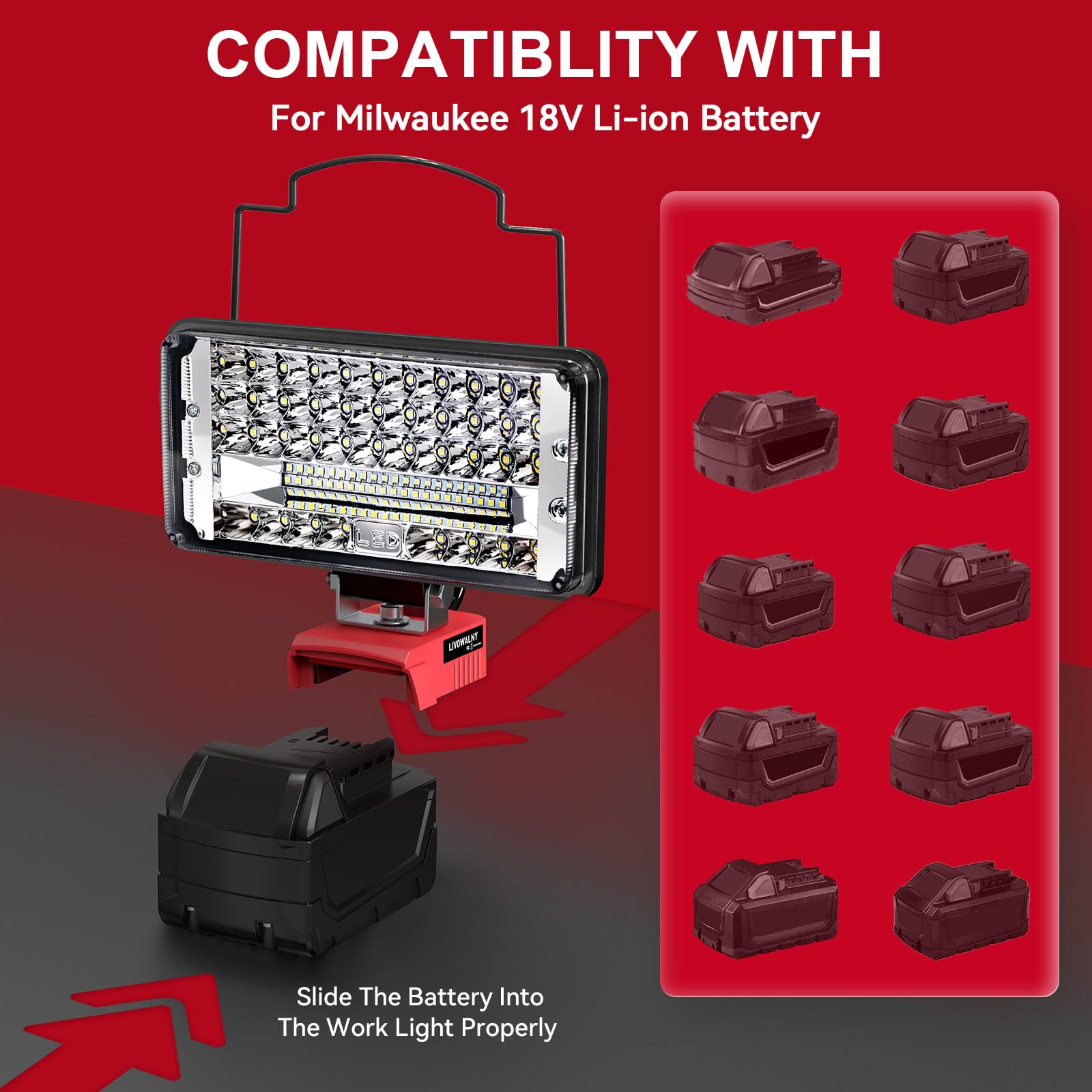 LIVOWALNY Cordless Flood Light, 90W 9000LM, 18V Battery, USB & Type-C Charging, 140° Pivoting Head, Portable, 1 PCS