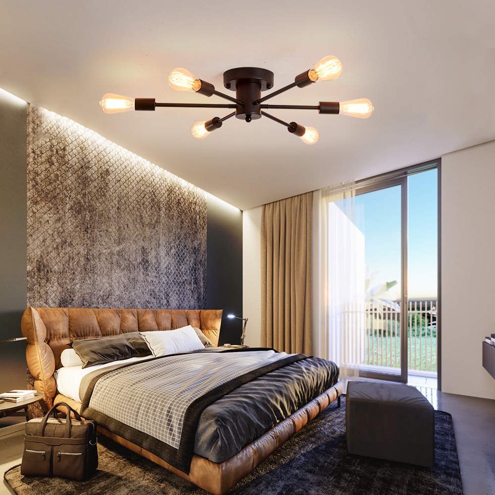 Uofus 6-Light Sputnik Semi Flush Mount Ceiling Light - Black Modern Industrial Chandelier