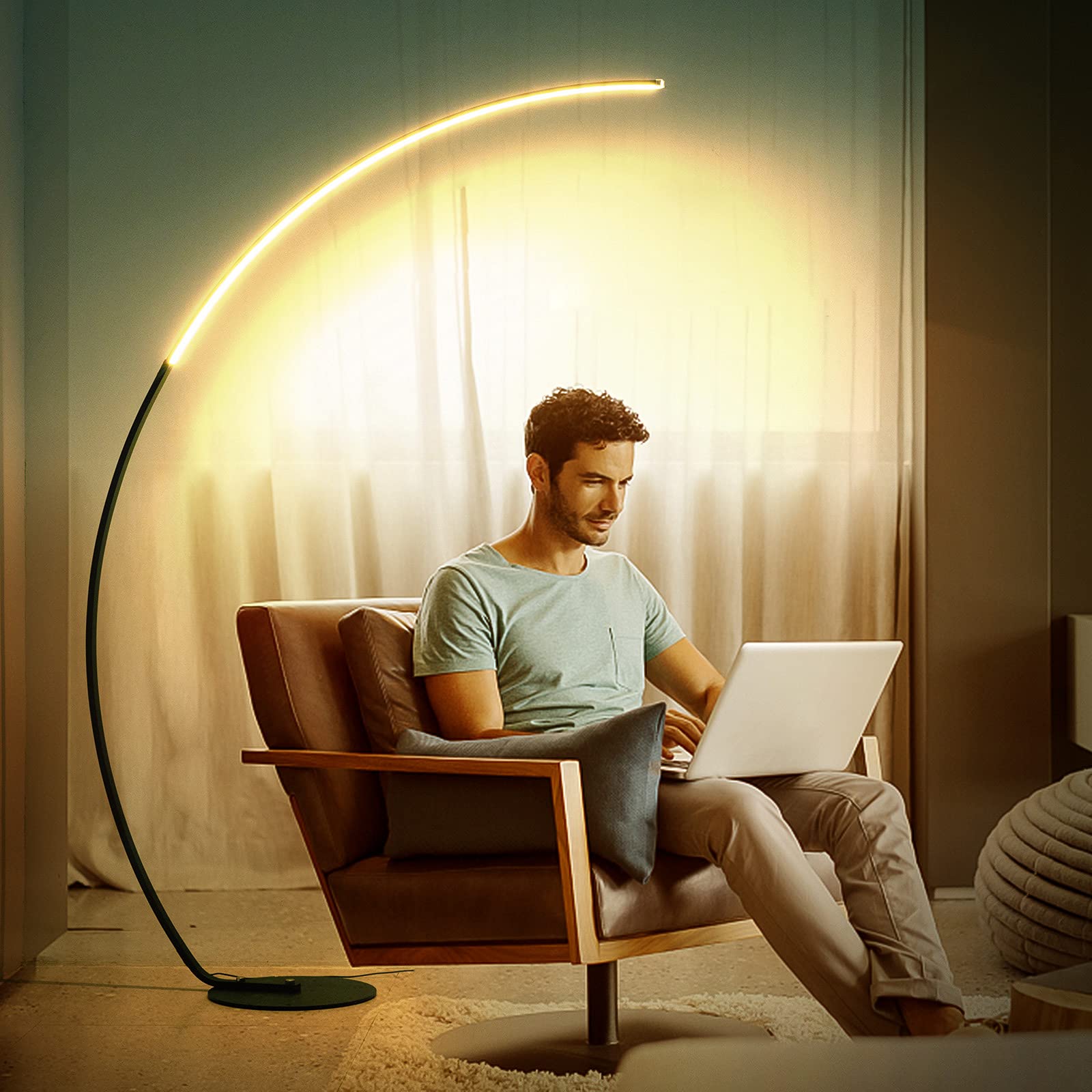 NUÜR Arc Floor Lamp - 67" Tall Black LED with Remote, 3 Color Temperatures, Stepless Dimming for Living Room, Bedroom, Office