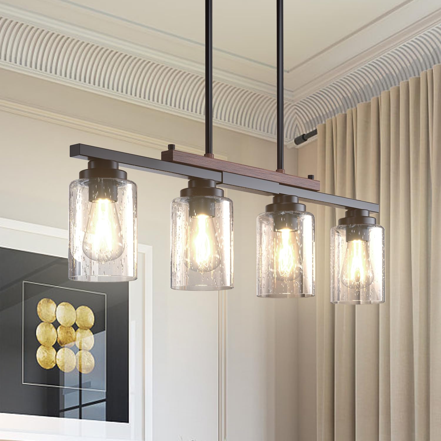 Amico 4-Light Dining Room Chandelier, Black Metal & Wood, Seeded Glass, Adjustable Rods, Model A0501