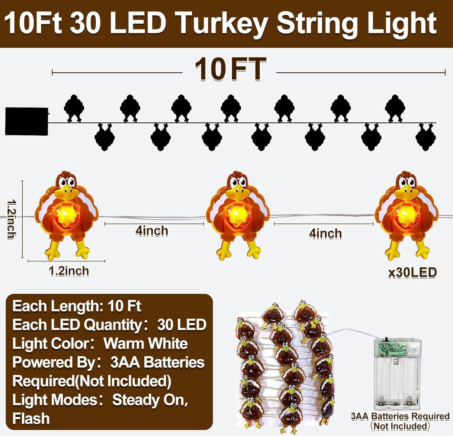 TURNMEON 10 Ft 30 LED Orange Thanksgiving Turkey Lights - Battery Operated Copper Wire Fairy String Lights for Indoor Outdoor Decor