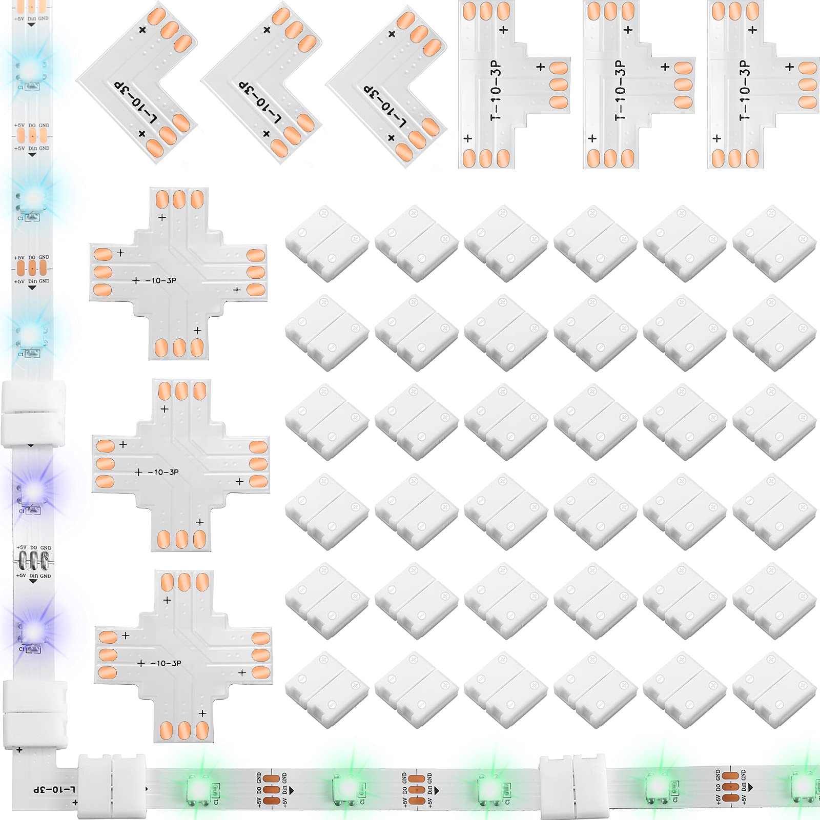 48 Pieces 3 Pin 10 Mm Led Strip Connector Kit Includes Gapless Connector L Shape Led Light Corner Connector X Shape And T Shaped
