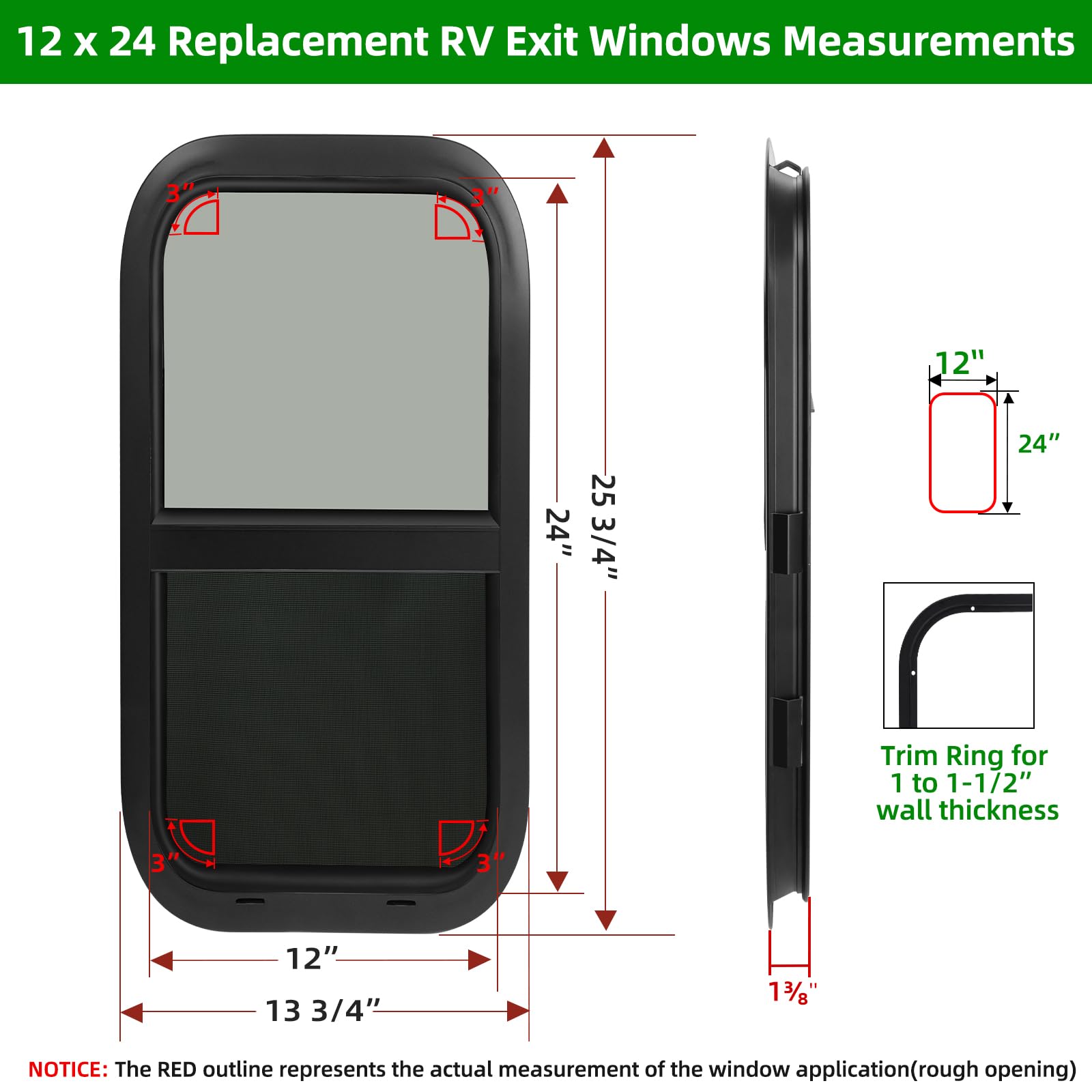 NOVINO RV Camper Windows, Vertical Sliding Replacement, 12inW x 24inH, Tempered Glass, Black, Model NRW-003