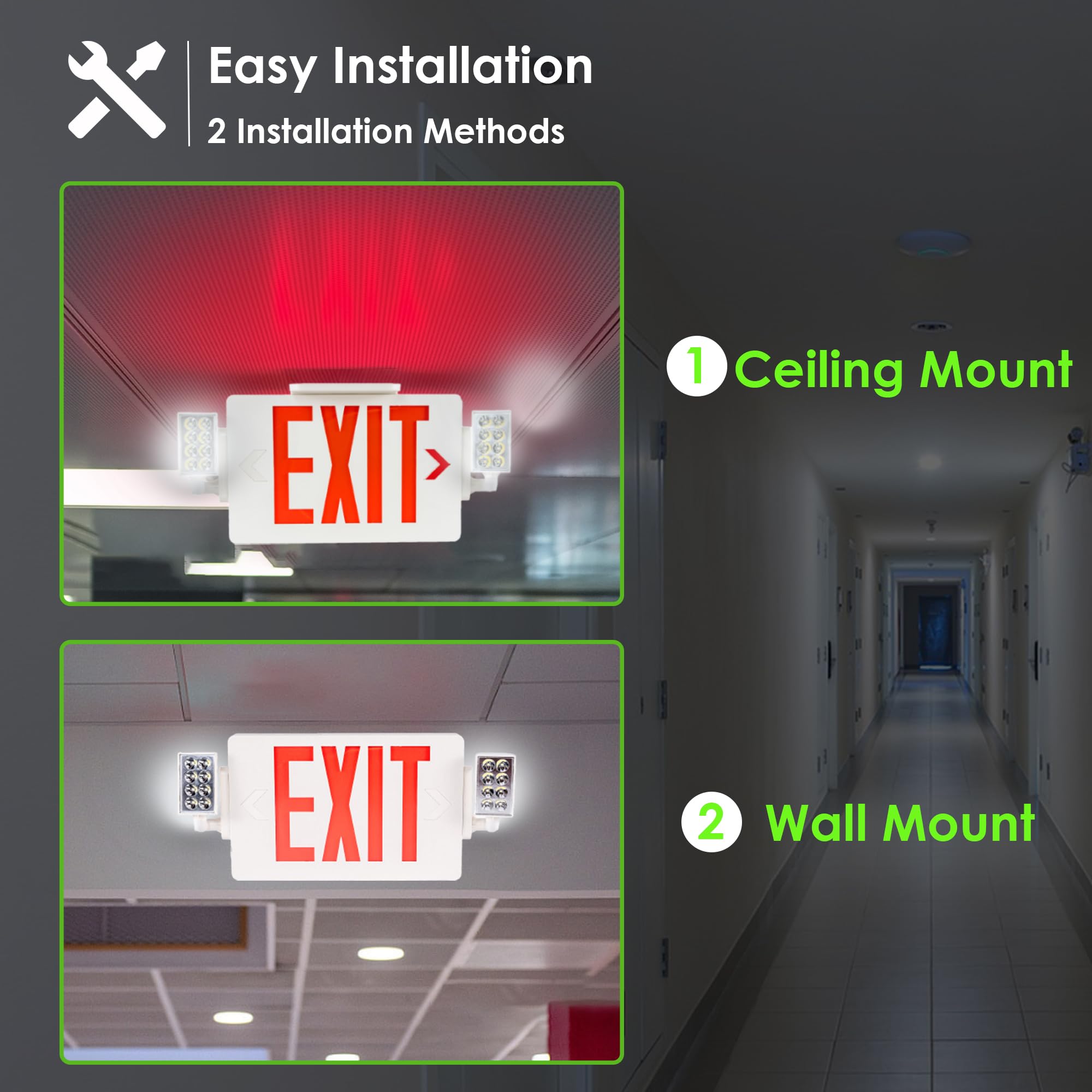 Gruenlich LED Emergency EXIT Sign Combo with 2 Adjustable Head Lights, Double Face, UL 924 Qualified, 120-277V, 2-Pack, Red Letter