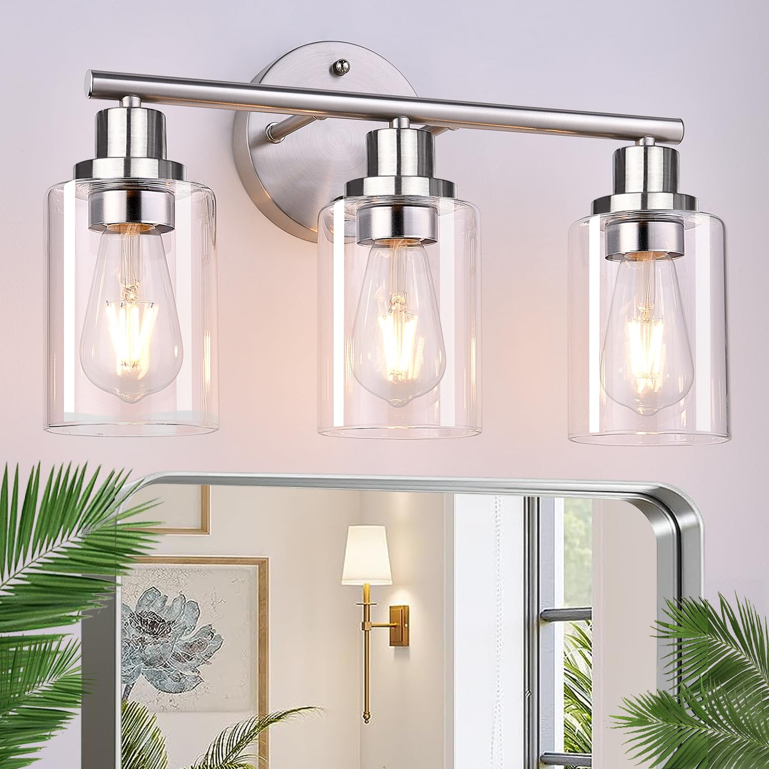 3-Light Bathroom Light Fixtures, Brushed Nickel Vanity Light, Farmhouse Wall Lights with Clear Glass Shade, Bathroom Wall Lamp f