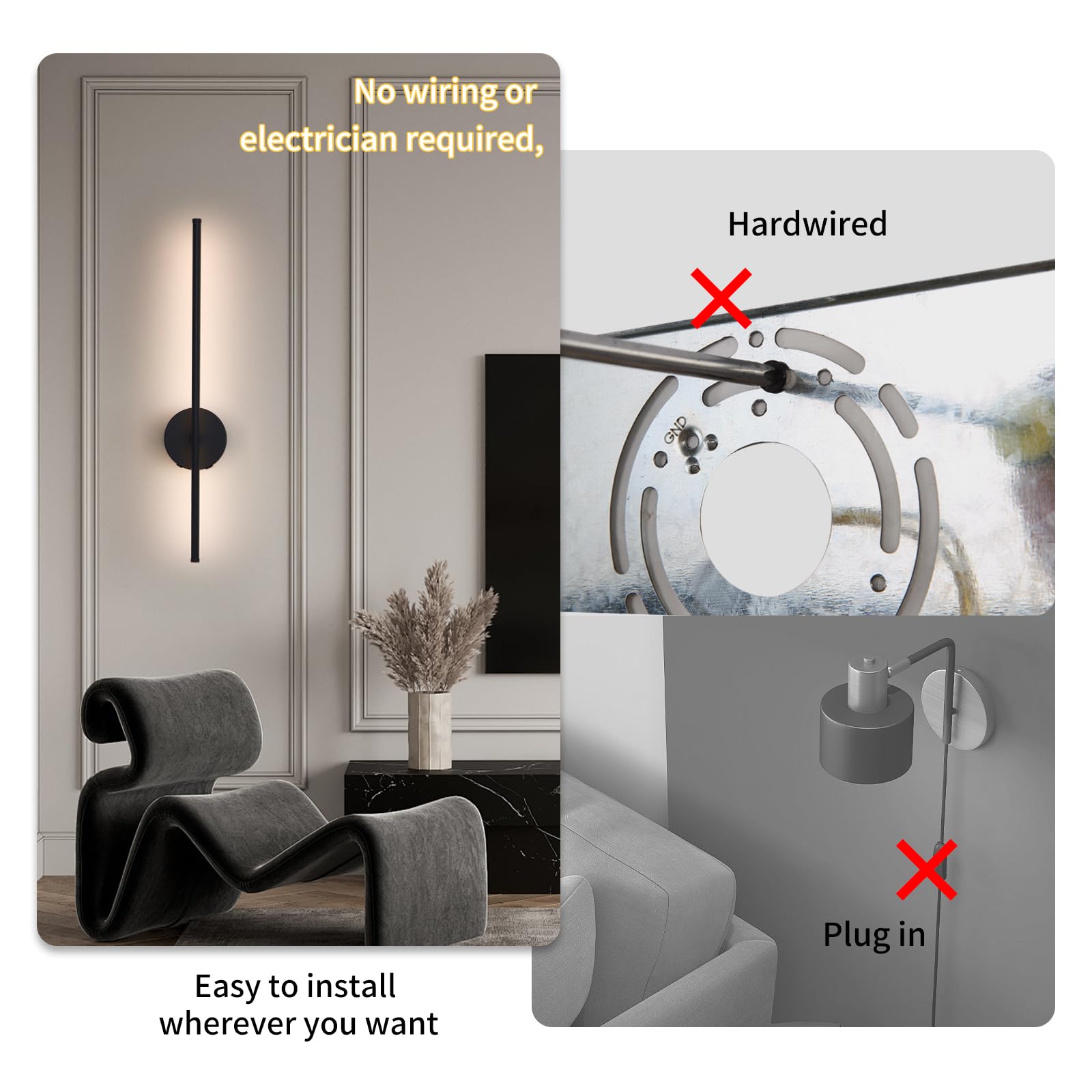 HONGREN 28 Black Battery Operated Wall Sconces Set of 2 Modern Wireless Rechargeable Wall Sconce with Remote Control LED Dimmabl