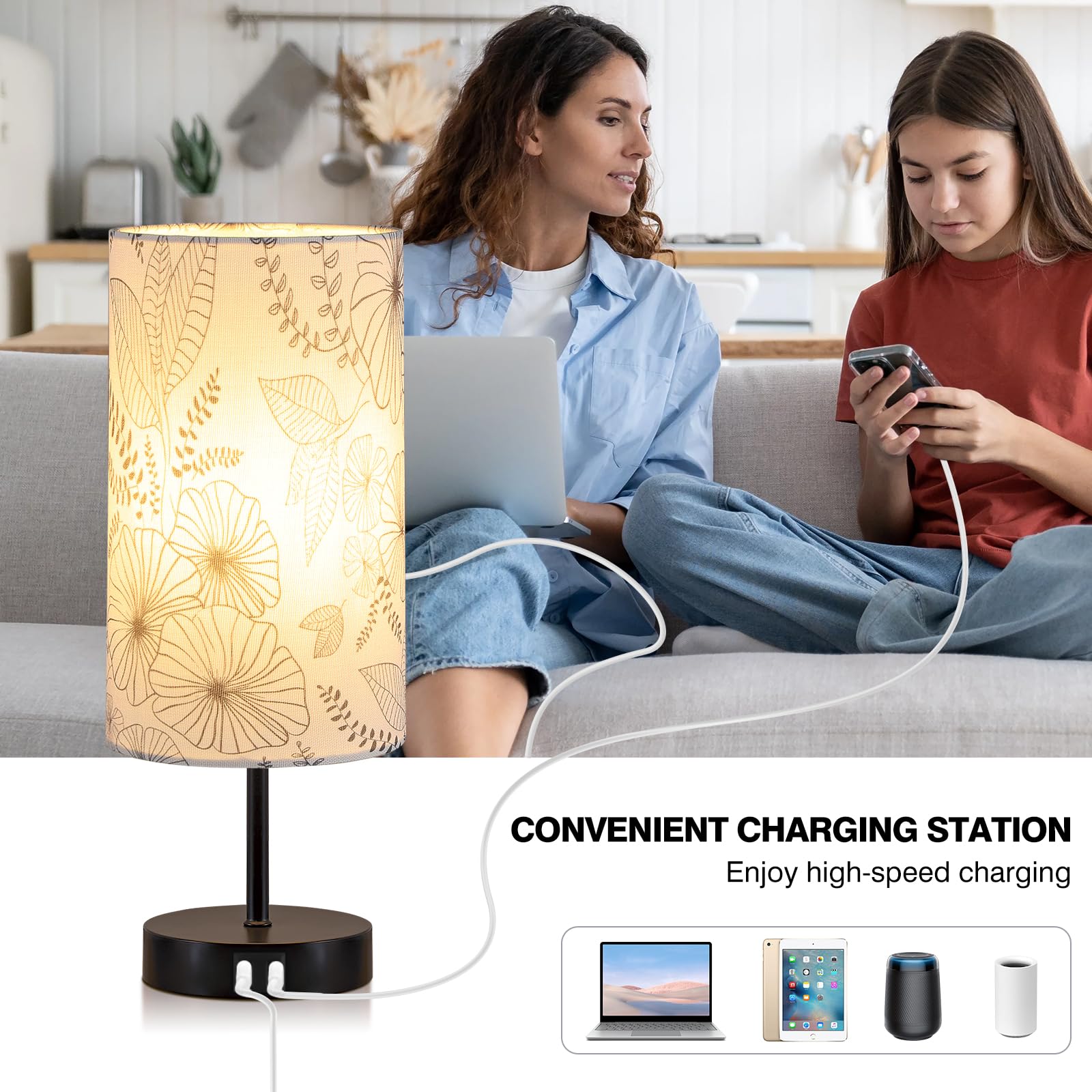 Bedside Touch Lamp With 2 Usb Ports, Modern 3 Way Dimmable Small Lamp With Flower Fabric Shade, Nightstand Lamp For Living Room