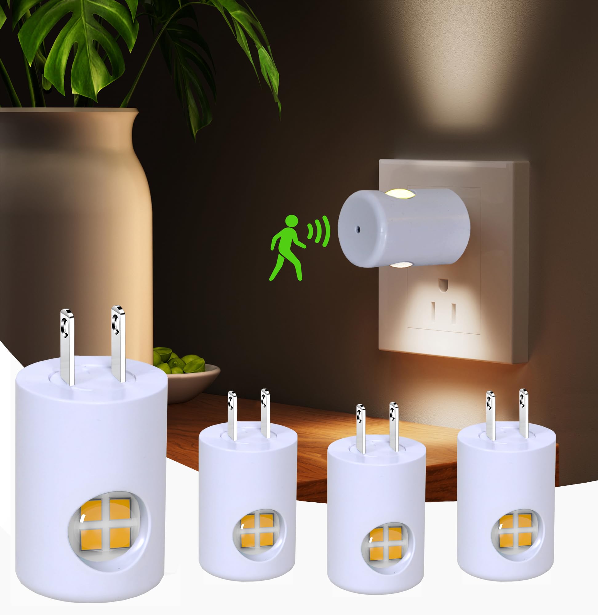 GEPLAD 4-Pack Motion Sensor Night Light, Plug into Wall Dusk to Dawn LED Nightlight, Auto On/Off, 3000K Soft White 100 Lumens, R