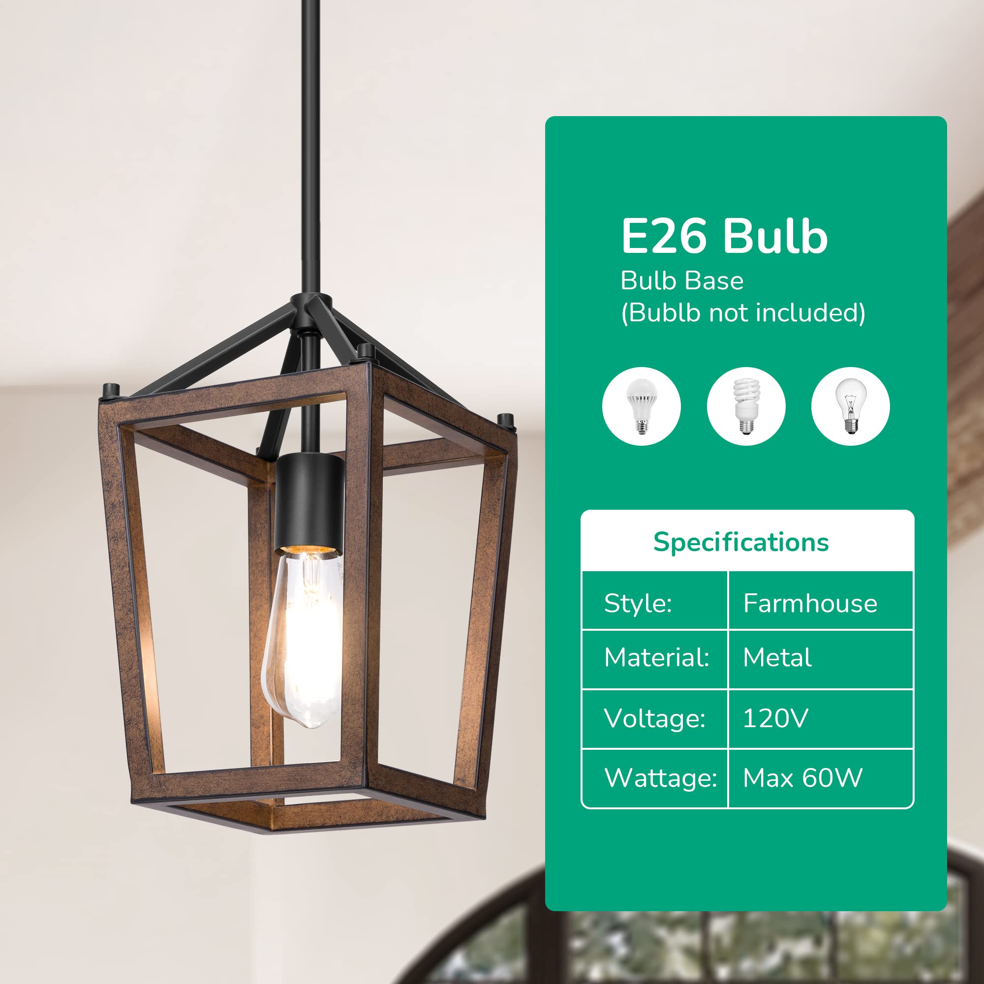 EDISHINE 1-Light Farmhouse Pendant Light, Rustic Metal Cage, Adjustable Height, Bronze Finish, Model HHPL09B