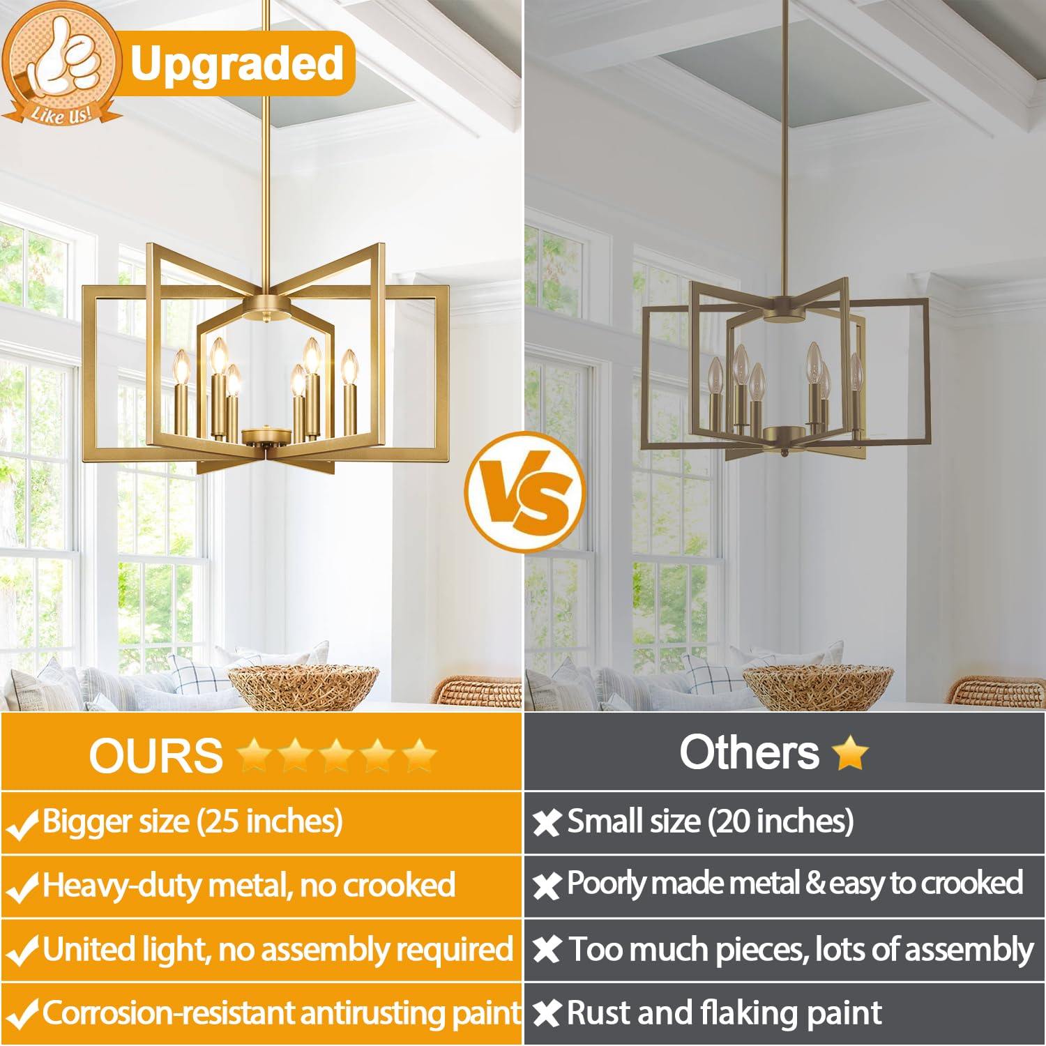 Lynnoland 25" Gold Metal Chandelier - 6-Light Industrial Pendant Light Fixture for Dining Room, Kitchen, Entryway, Model P4072