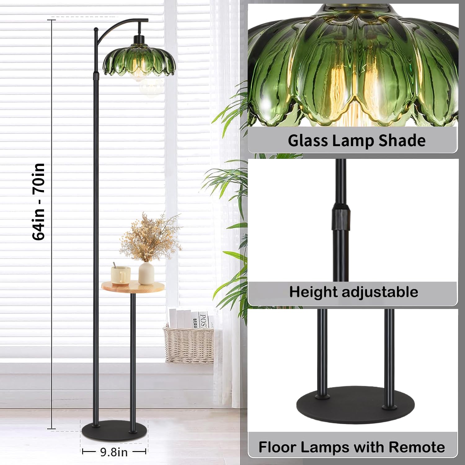 ZECOXOL Arc Floor Lamp with Table & Shelves, 10" Black Metal, Remote Control, 3 Color Temperatures, Modern Design for Living Room & Bedroom
