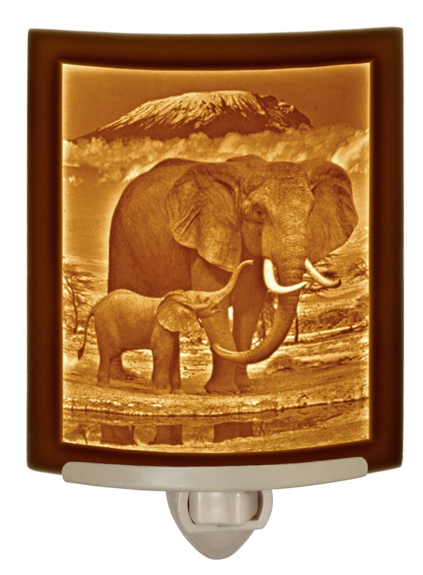 The Porcelain Garden Night Light - Porcelain Elephant and Calf - Cream - Model NR 298 - Decorative Wall Plug for Nursery and Home