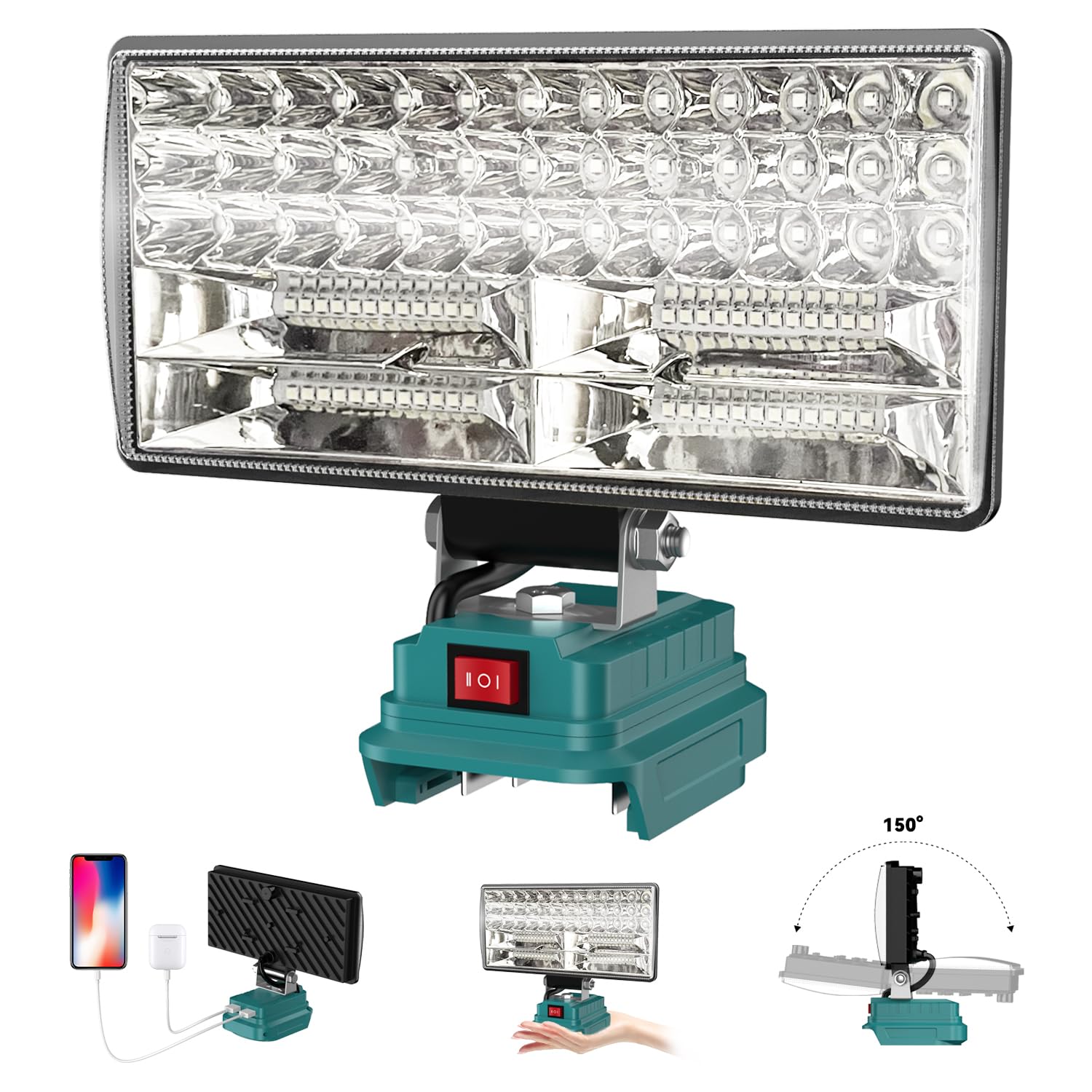 8'' Cordless LED Work Light for Makita 18V Battery, Two Levels Adjustable LED Flood Light up to 90W 5400 Lumens with USB Chargin