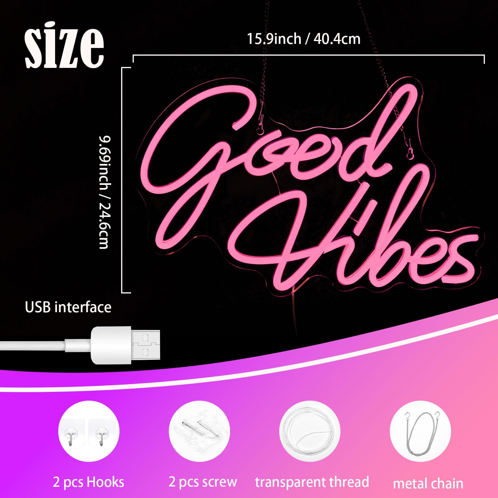 Gevbay Neon Sign LED Wall Decor Light, Pink Acrylic, Model GC-2401023-2, USB Powered, Reusable for Bedroom or Party
