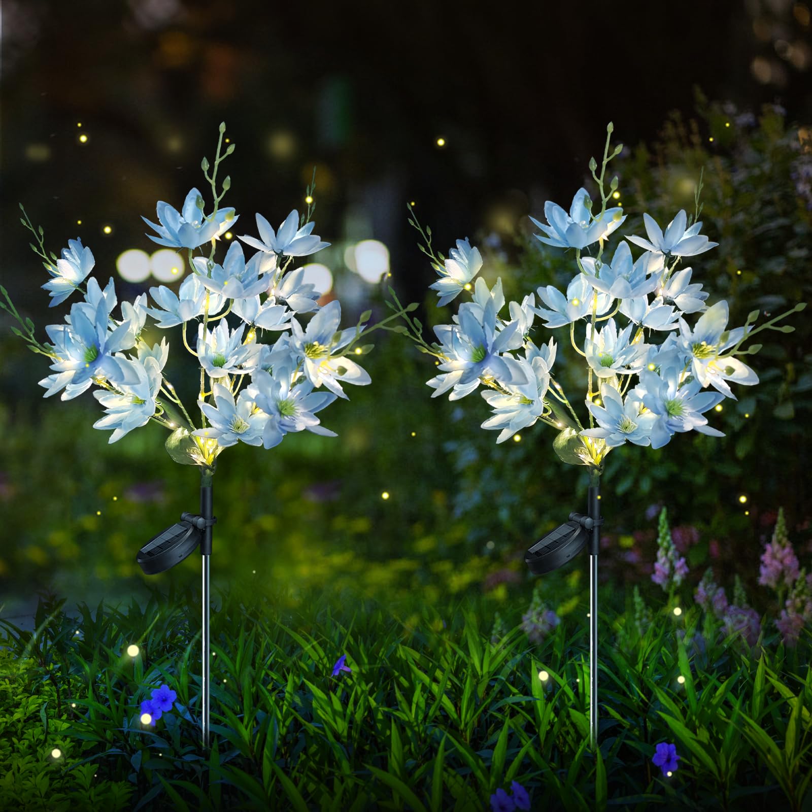Neporal Solar Flowers 5-Head Snow Lotus, Waterproof IP65, Warm LED Light, 2 Packs, Blue