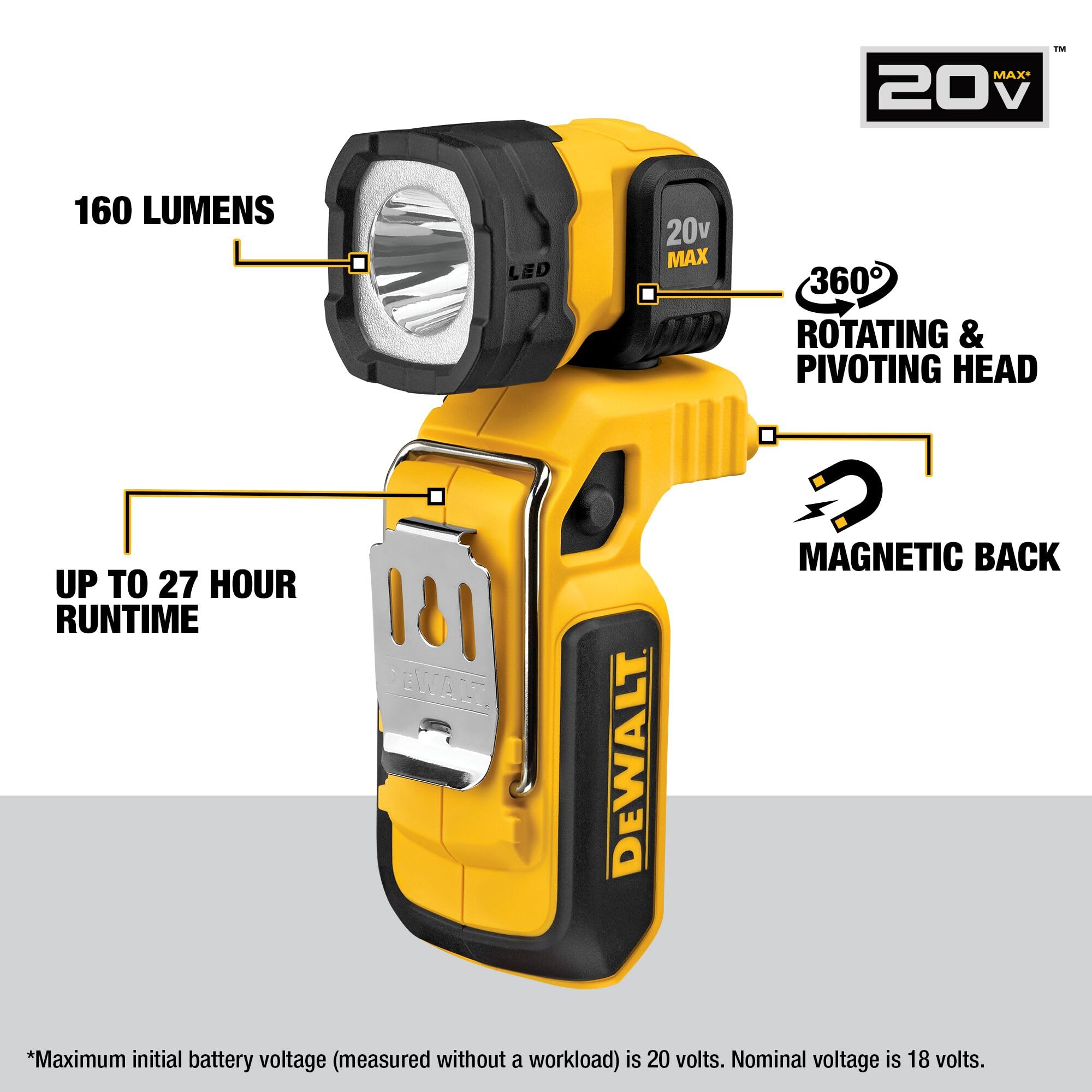 DEWALT 20V MAX LED Work Light - Magnetic, Freestanding & Clip-On, Bare Tool Only (DCL044), Multicolor, One Size