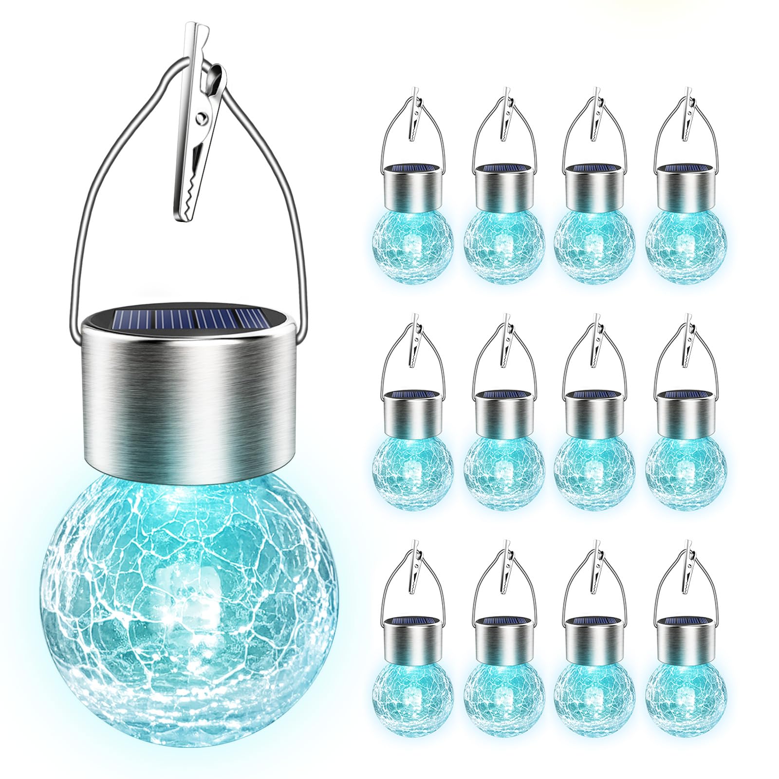 Solar Hanging Lights Outdoor Decor: Garden Light Waterproof For Yard Outside Decorations - 12 Pack Clip On Crackle Glass Globe Ball Lighting Patio Tree Camping Fence Decorative